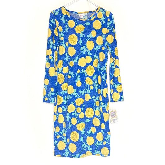 LuLaRoe Womens S ‘Debbie’ Yellow/Blue Floral L/s Sheath Dress NWT