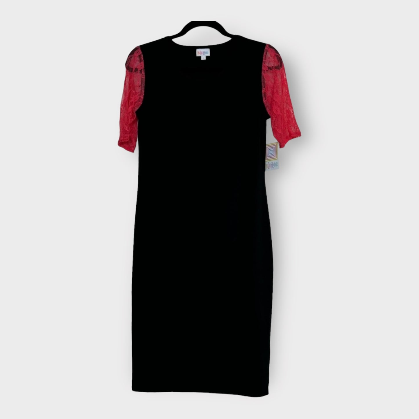 LuLaRoe Julia Bodycon Dress | S (4-6) | Black/Red | Colorblock/Lace Sleeves | NWT