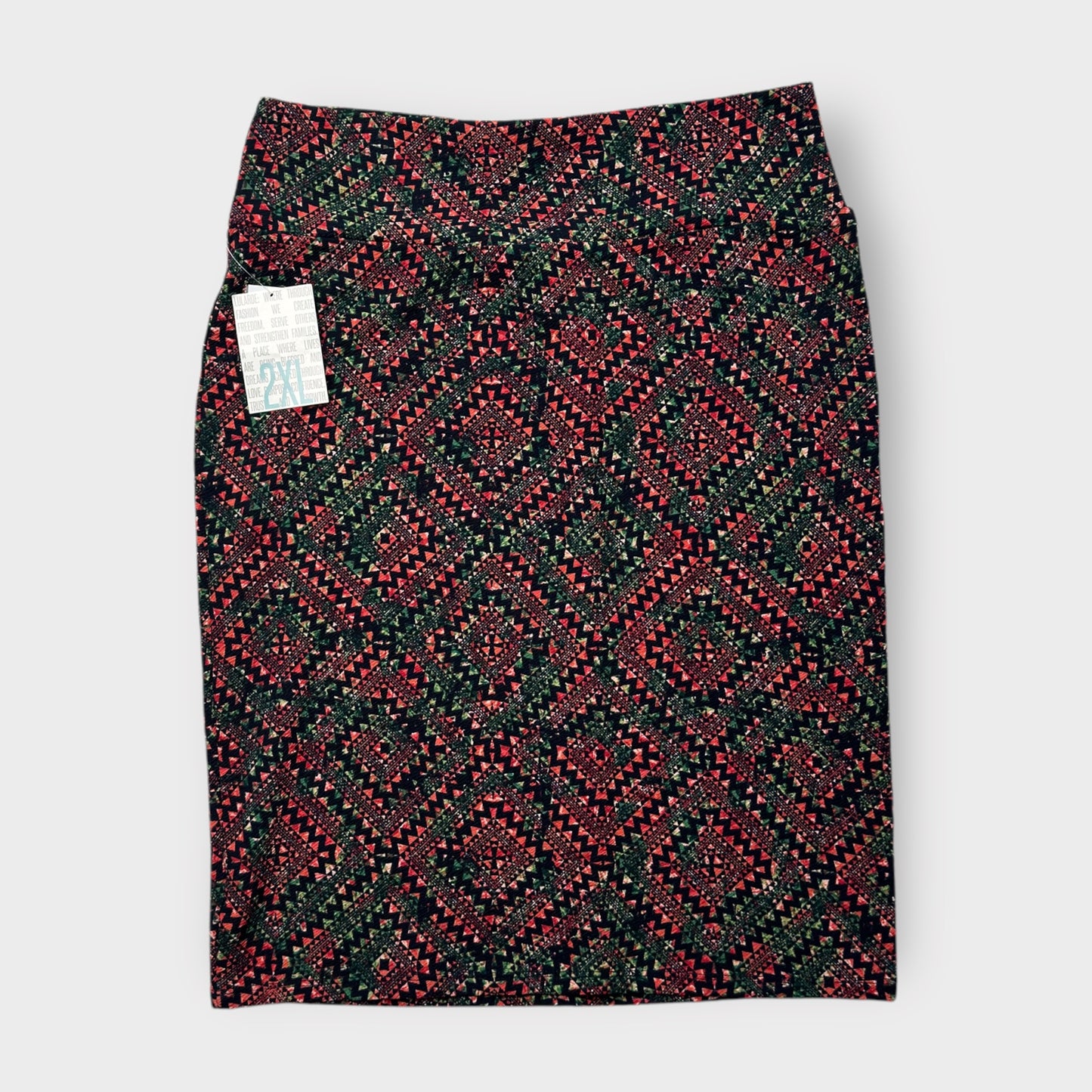 LuLaRoe Cassie Pencil Skirt - Black/Red/Green Geometric Mosaic - Women's 2XL (20-22) - NWT