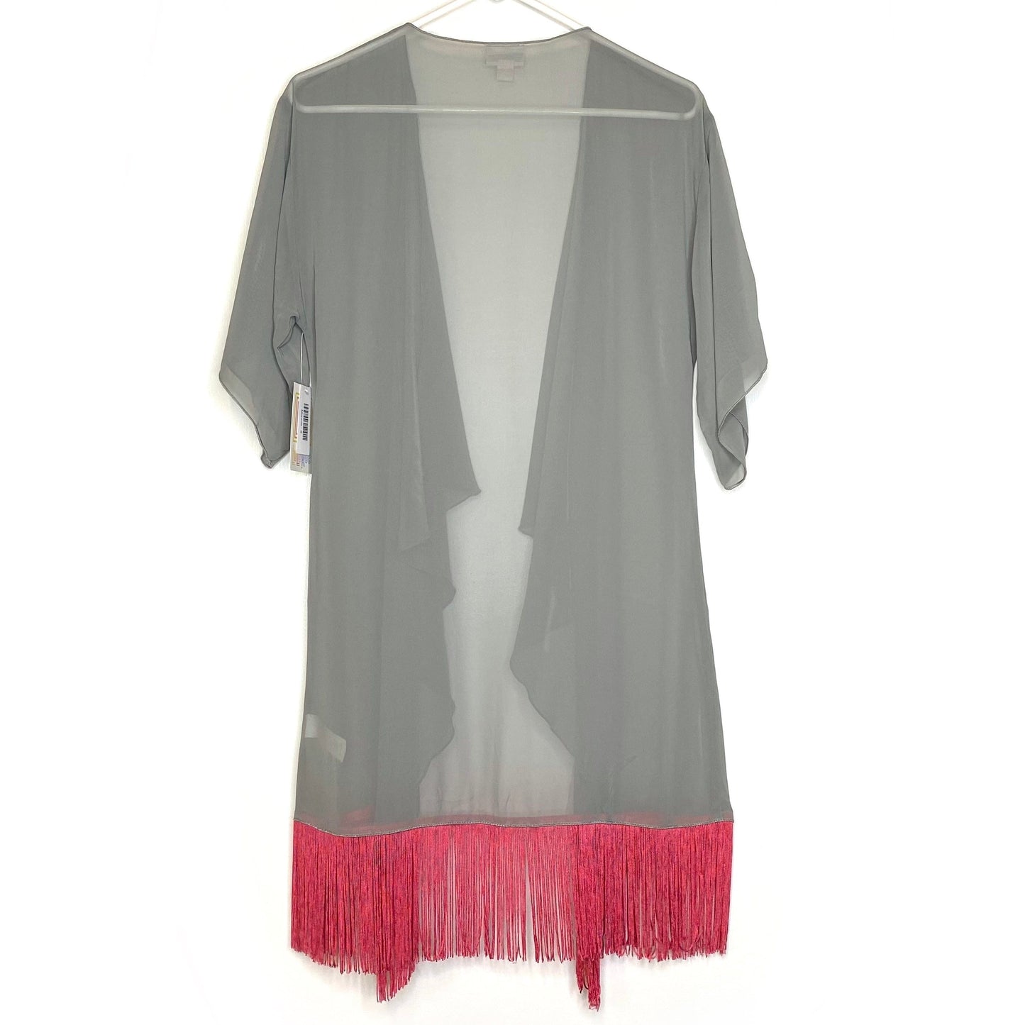 LuLaRoe Womens Size S (0-12) Gray/Pink Colorblock ‘Monroe’ Kimono Fringe Cover-Up NWT