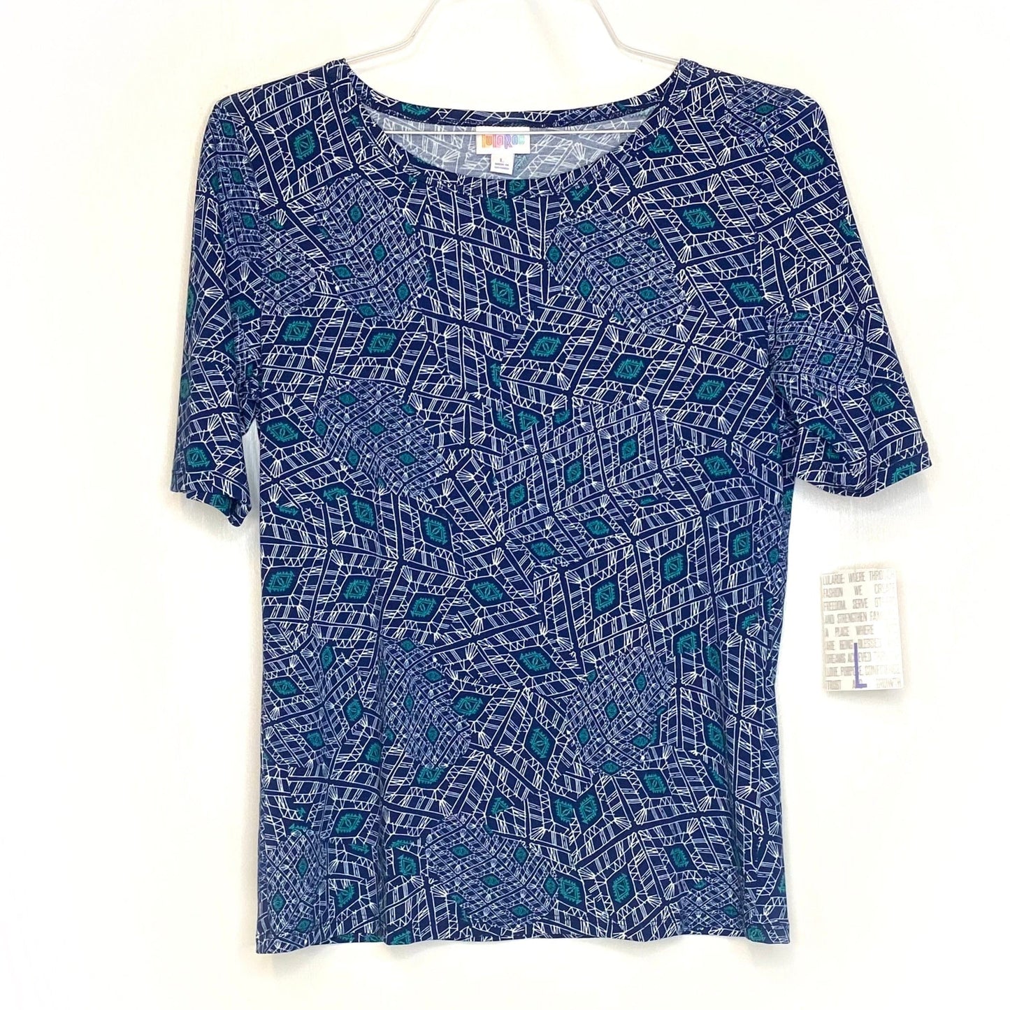 LuLaRoe Womens L White/Blue Geometric Gigi Top ½ Sleeves NWT