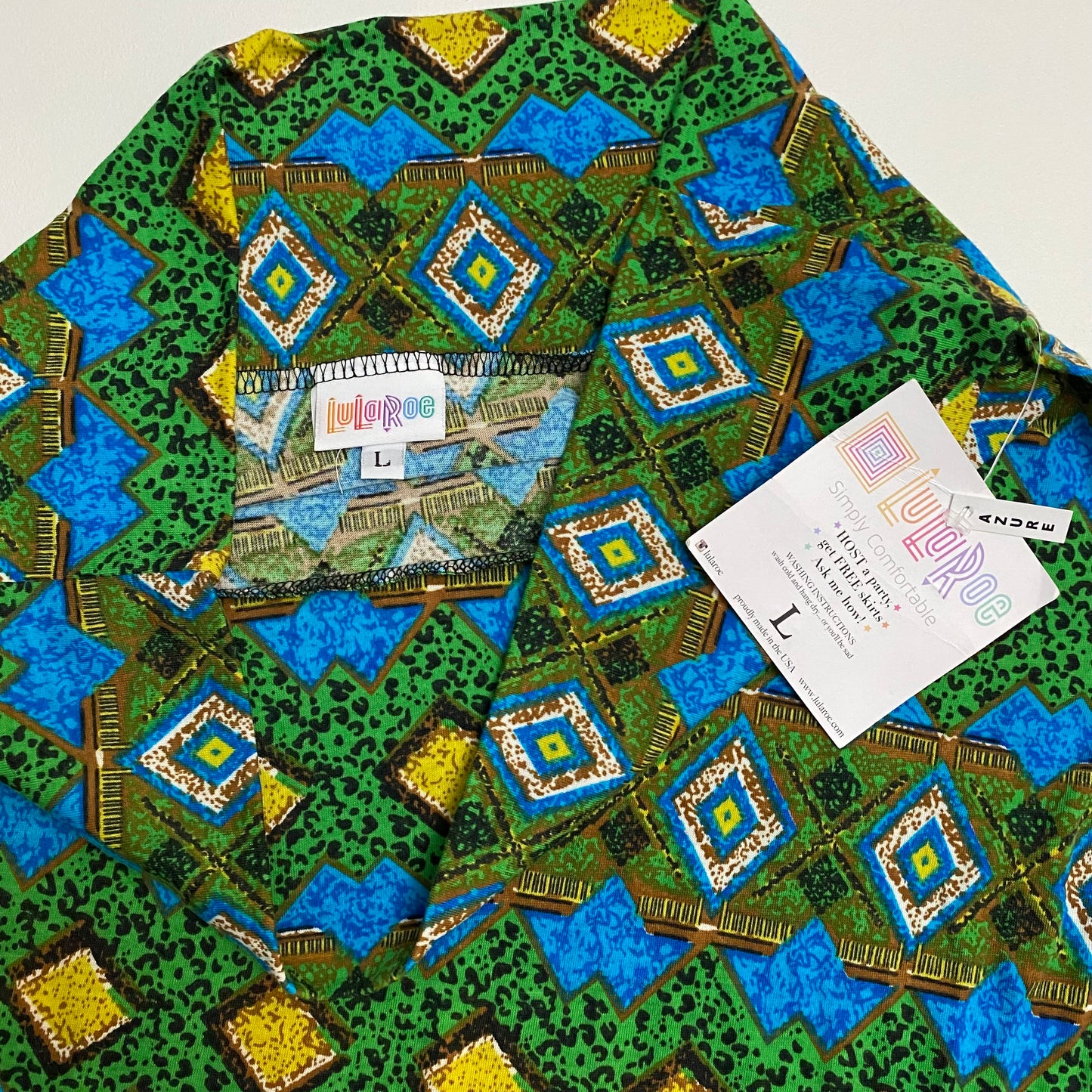 LuLaRoe Azure A-Line Skirt | L (10-12) | Green/Blue/Yellow Geometric | NWT