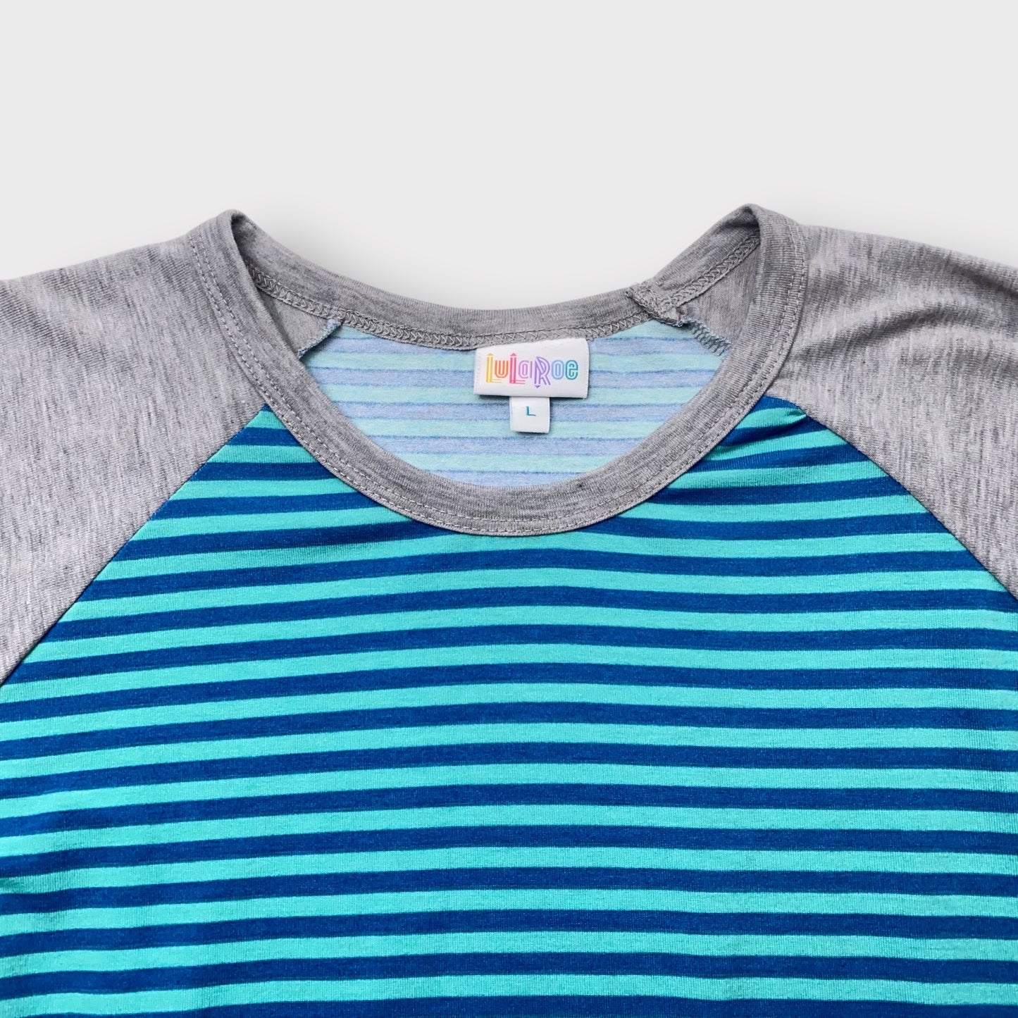 LuLaRoe Randy Baseball Tee L (12-14) - Teal/Navy Striped with Heather Gray Sleeves - Soft Stretch Fabric