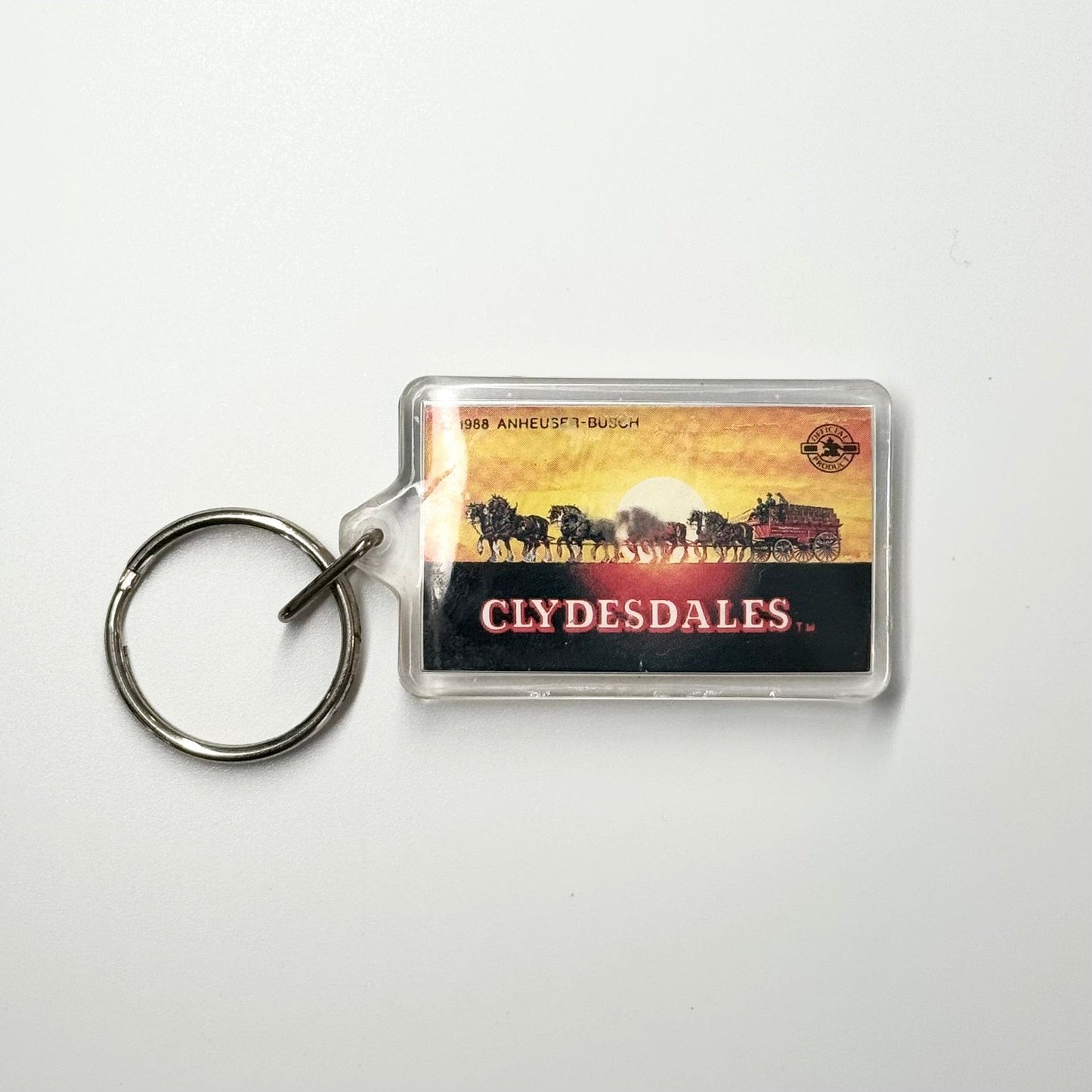 Vintage 1988 Anheuser-Busch ‘Clydesdales’ Keychain Key Ring Square Clear Acrylic, Good Condition