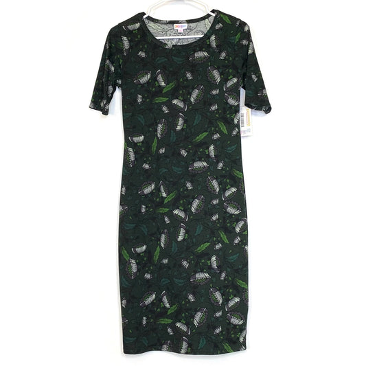 LuLaRoe Womens S Green/Gray/White Floral Julia Shift Dress Scoop Neck ½ Sleeves NWT