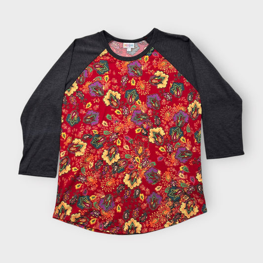 LuLaRoe Randy Baseball Tee L (12-14) - Red/Yellow Paisley Floral Print with Charcoal Gray Sleeves - Soft Stretch Fabric