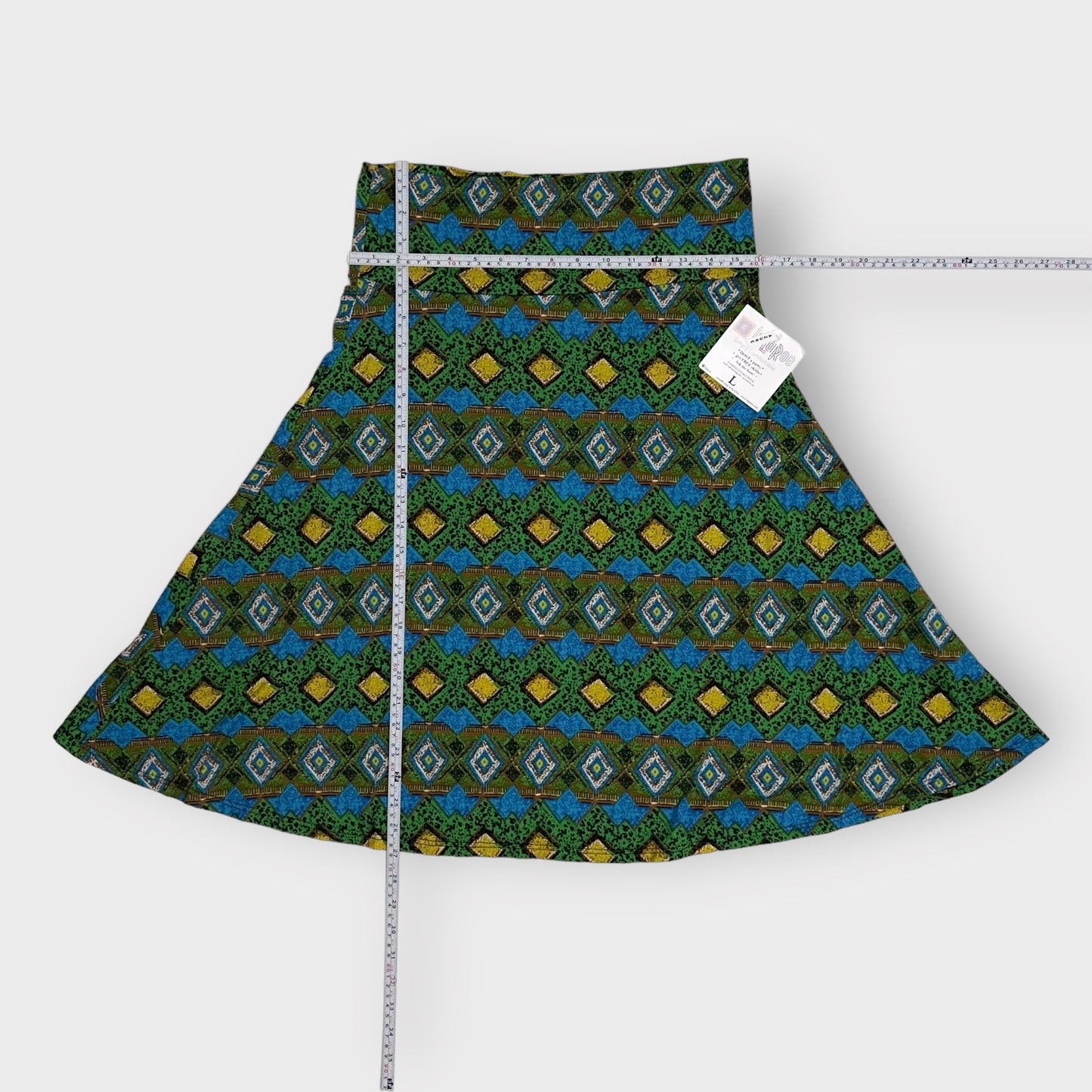 LuLaRoe Azure A-Line Skirt | L (10-12) | Green/Blue/Yellow Geometric | NWT