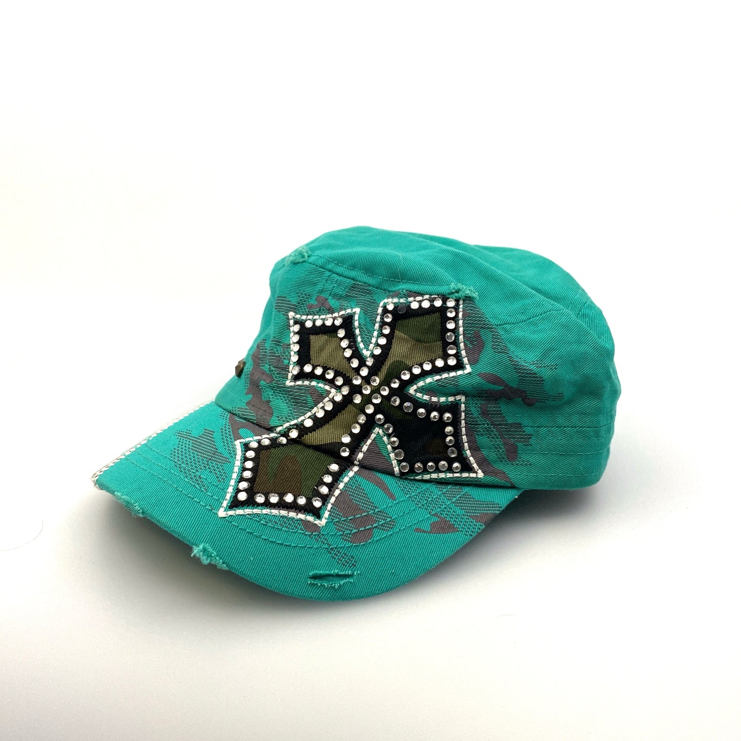 KBEthos Womens Green/Black Cross Beaded Distressed Ballcap Pre-Owned