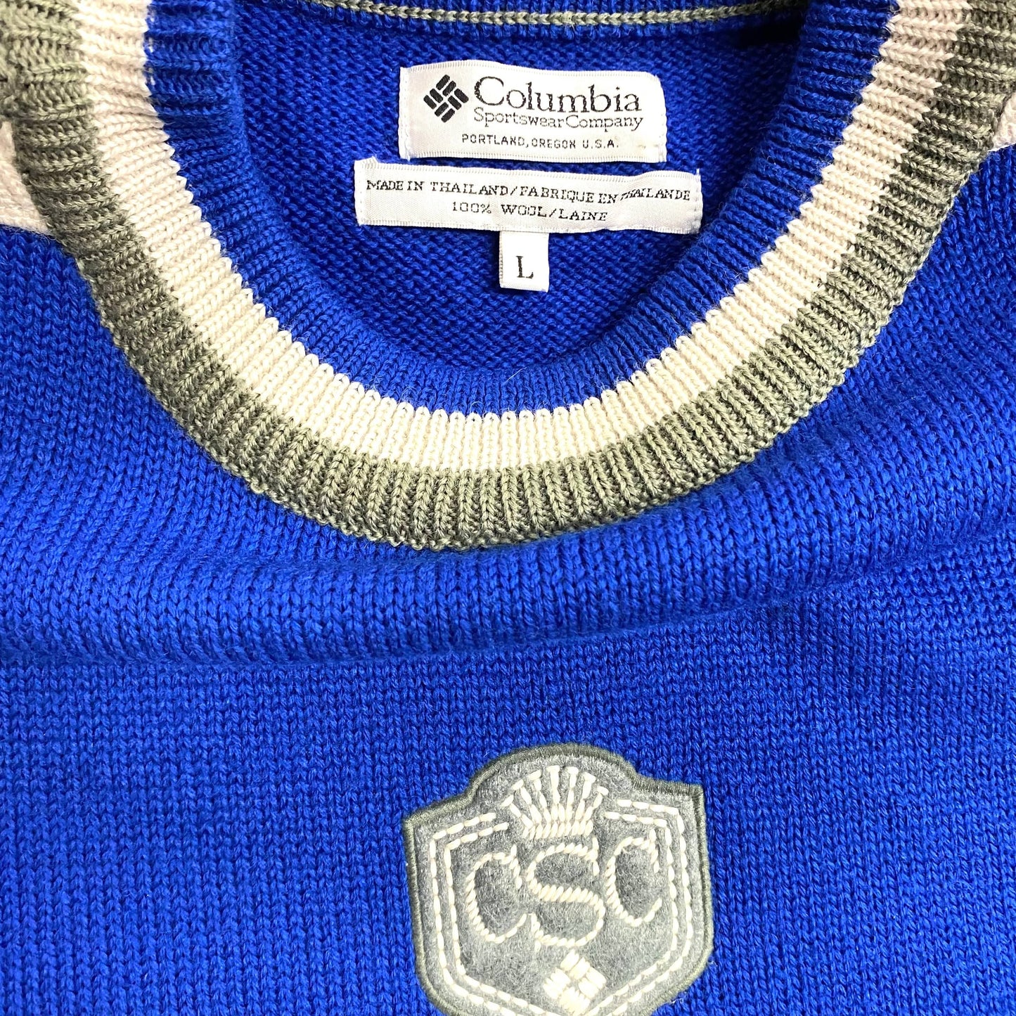 Vintage Columbia Mens Wool Sweater Size L Blue/Gray/White Emroidered Logo Crew Neck L/s