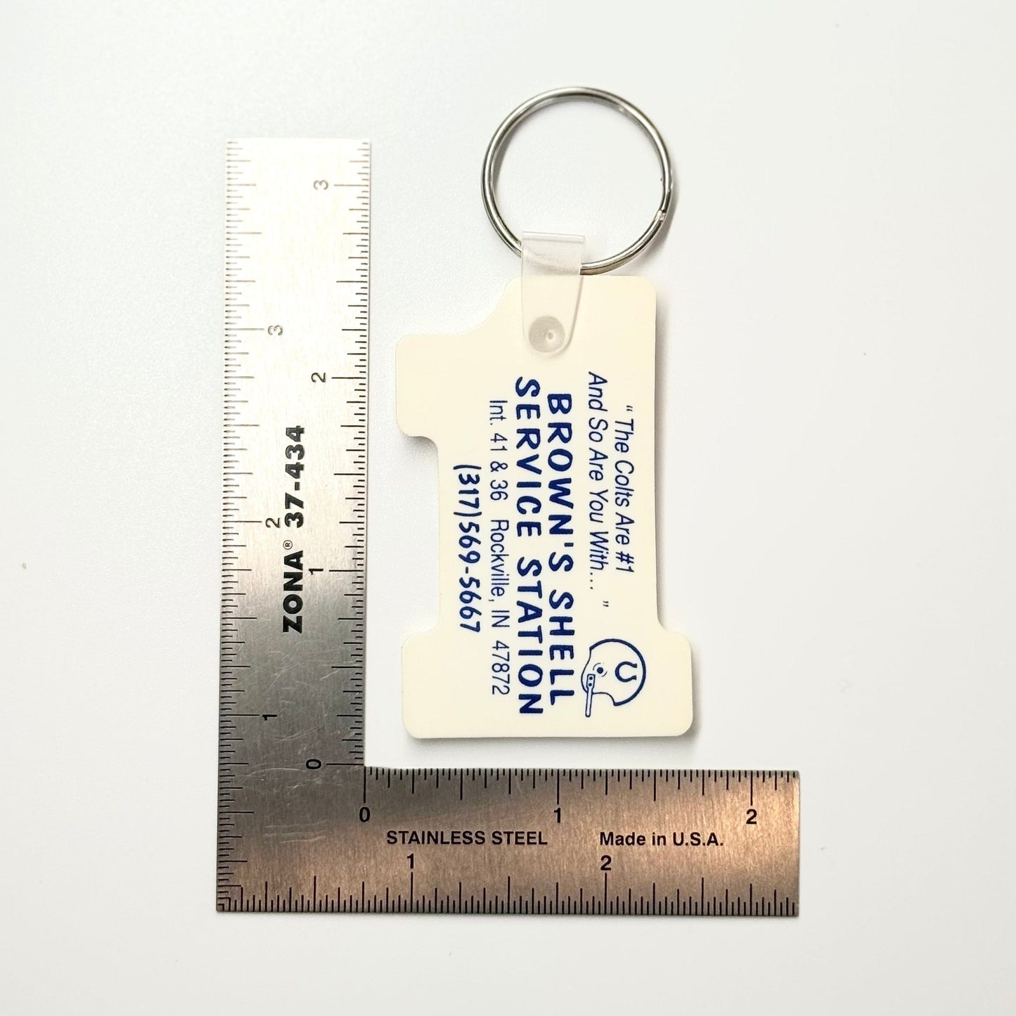 Rockville, IN ‘Brown’s Shell Station/Colts 1991 Schedule’ Keychain Key Ring White Rubber #1