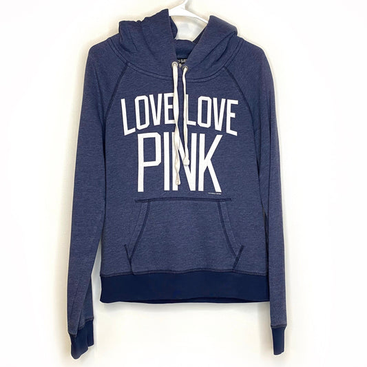 Vintage ‘LOVE LOVE’ PINK L/s Hoodie Sweatshirt Size M Blue EUC