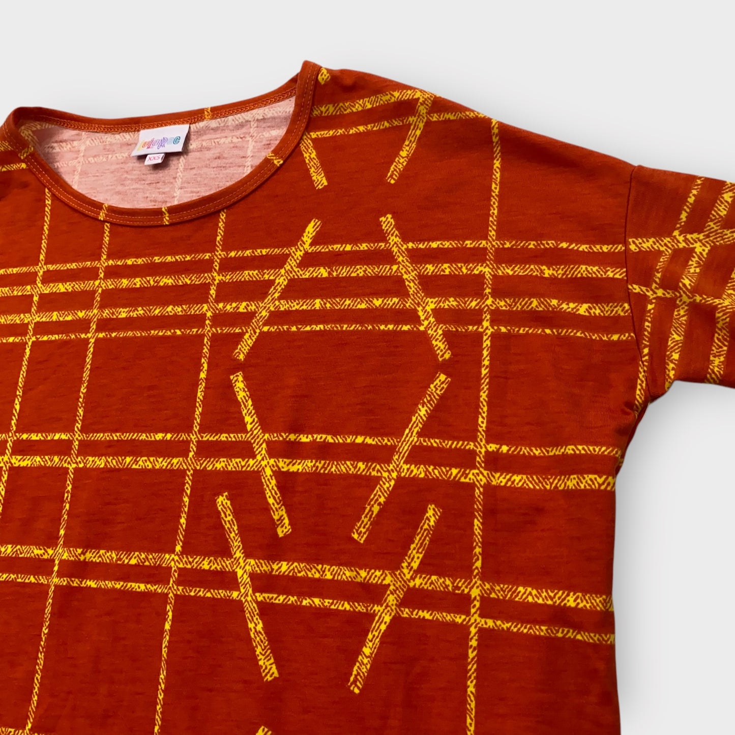 LuLaRoe Irma Tunic Top - Rust Orange & Yellow Geometric Plaid - XXS (00) - Soft Stretch Knit - High-Low Hem