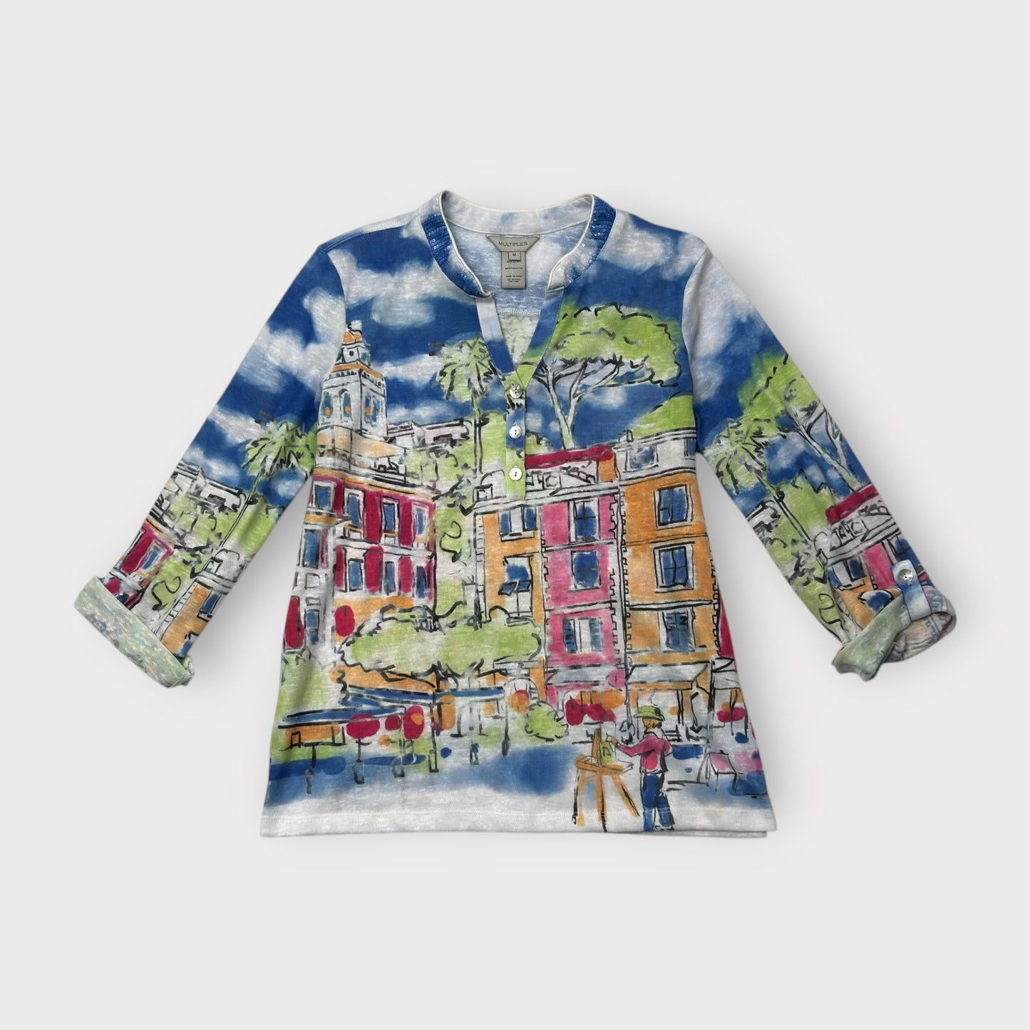 Multiples Womens Artistic Print Blouse | Size M | Watercolor Cityscape | Lightweight Polyester | EUC