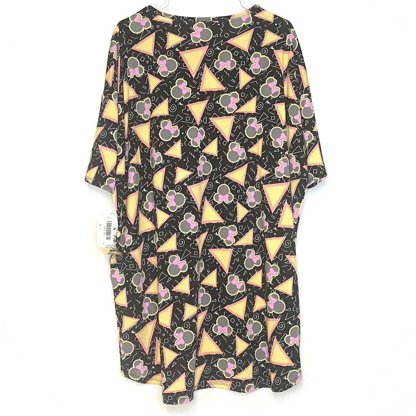 LuLaRoe Womens XL Irma Black/Pink/Yellow ‘Minnie Mouse’ Retro/Triangles Pattern S/s Tunic Top NWT