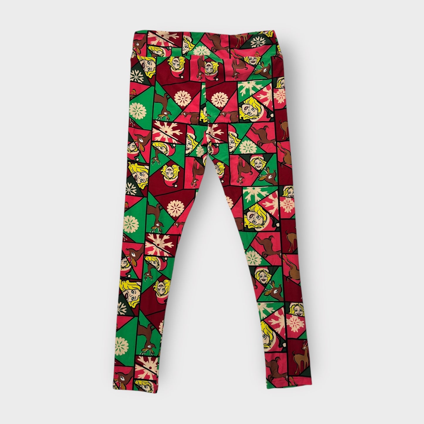 LuLaRoe Leggings TC (12-18) - Red, Green & Beige Santa Reindeer Patchwork Print - Ultra Soft Stretch Fabric