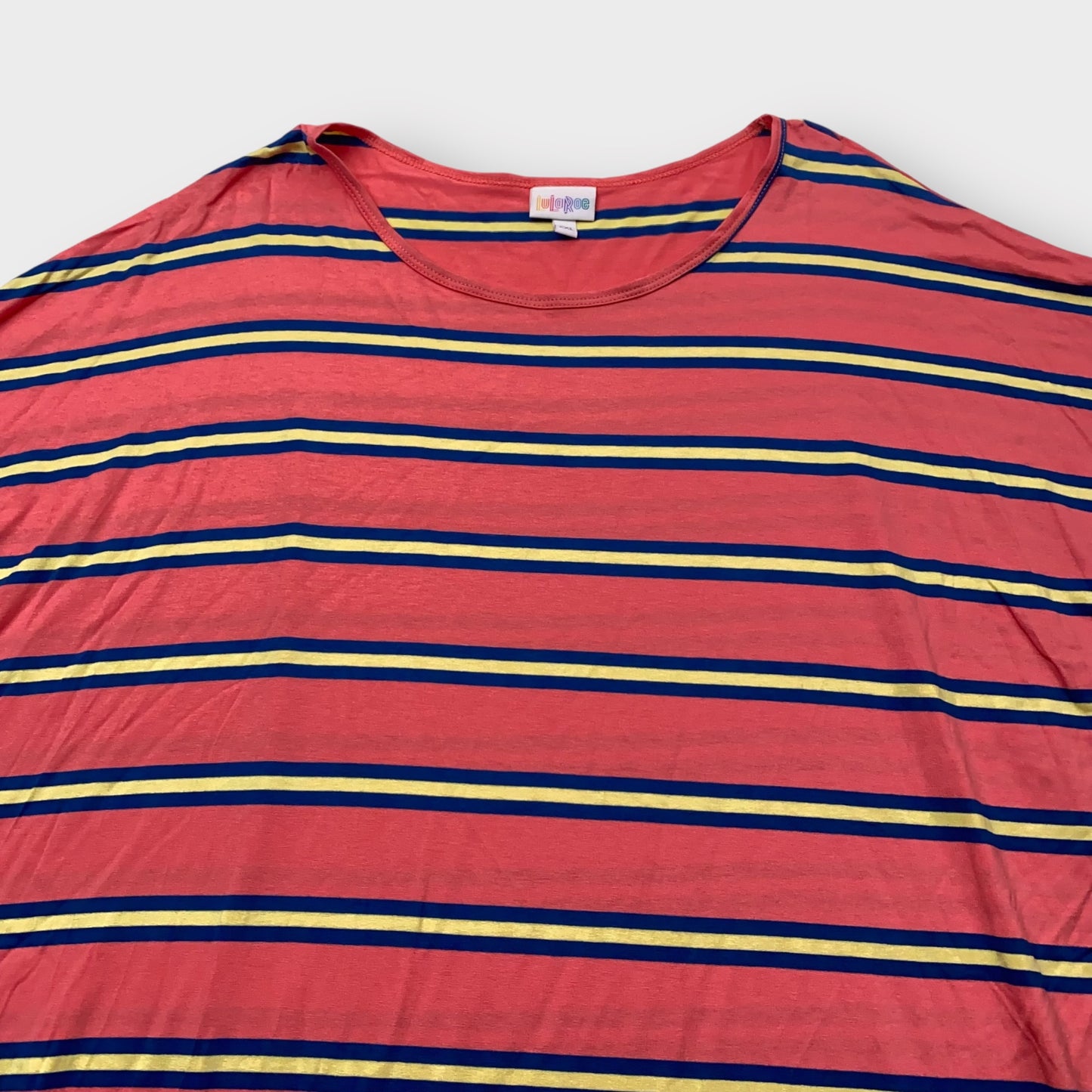 LuLaRoe Irma Tunic Top - Coral Pink with Navy Blue & Yellow Stripes - 2XL (20-22) - Soft Drapey Rayon Spandex Knit - High-Low Hem