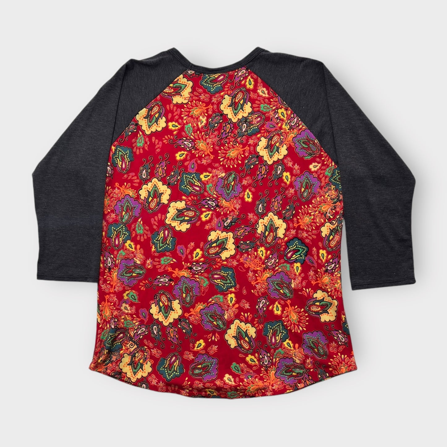 LuLaRoe Randy Baseball Tee L (12-14) - Red/Yellow Paisley Floral Print with Charcoal Gray Sleeves - Soft Stretch Fabric