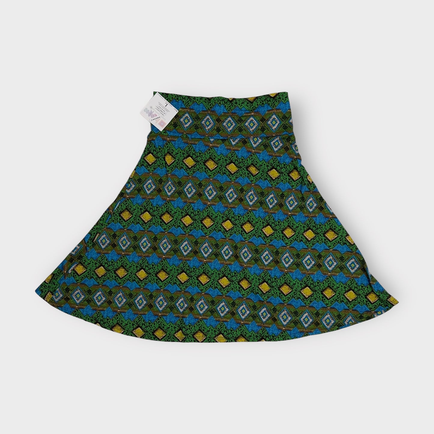 LuLaRoe Azure A-Line Skirt | L (10-12) | Green/Blue/Yellow Geometric | NWT