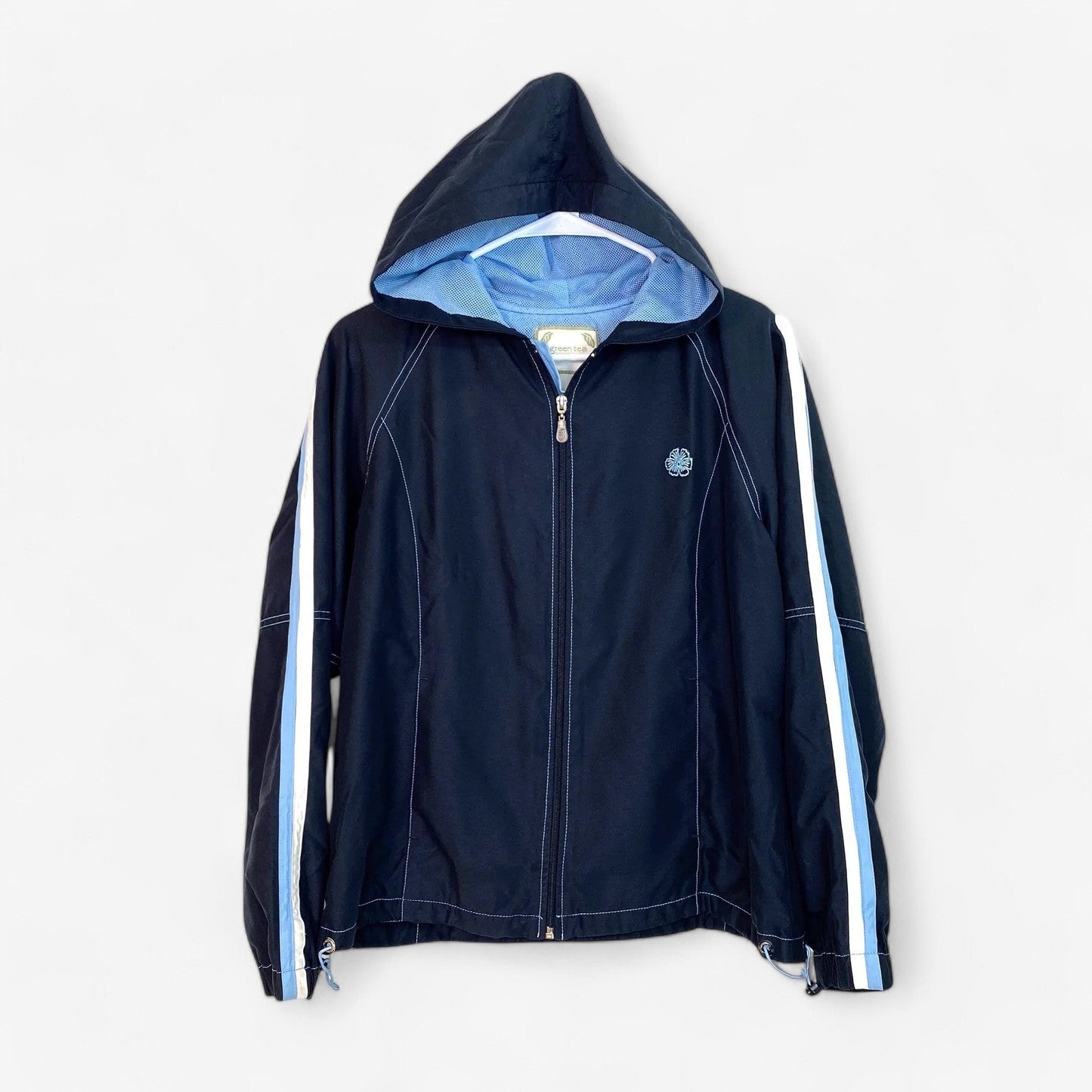 Green Tea Womens Hooded Lined Full-Zip Jacket | Size M | Navy Blue with Light Blue Accents | VGC