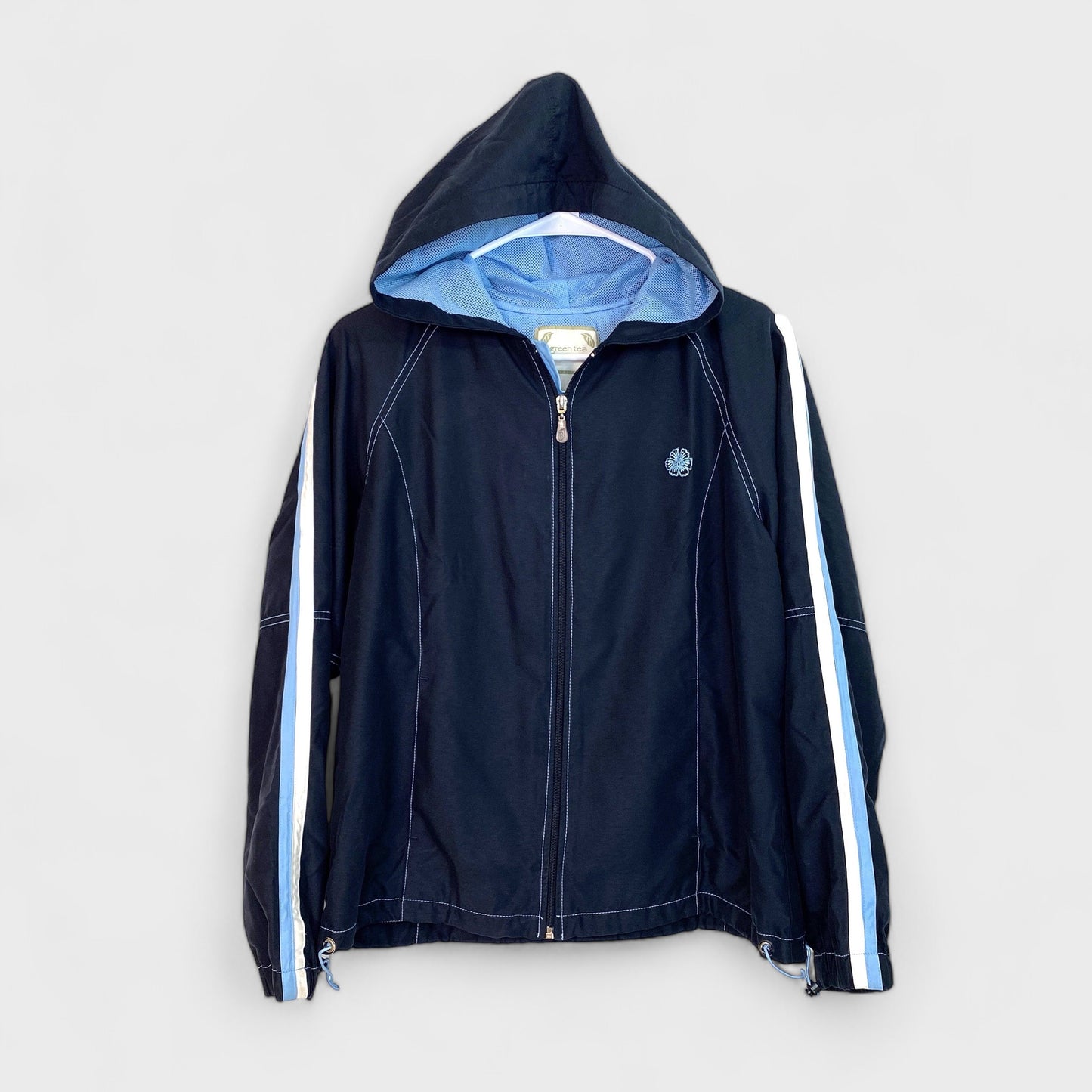 Green Tea Womens Hooded Lined Full-Zip Jacket | Size M | Navy Blue with Light Blue Accents | VGC