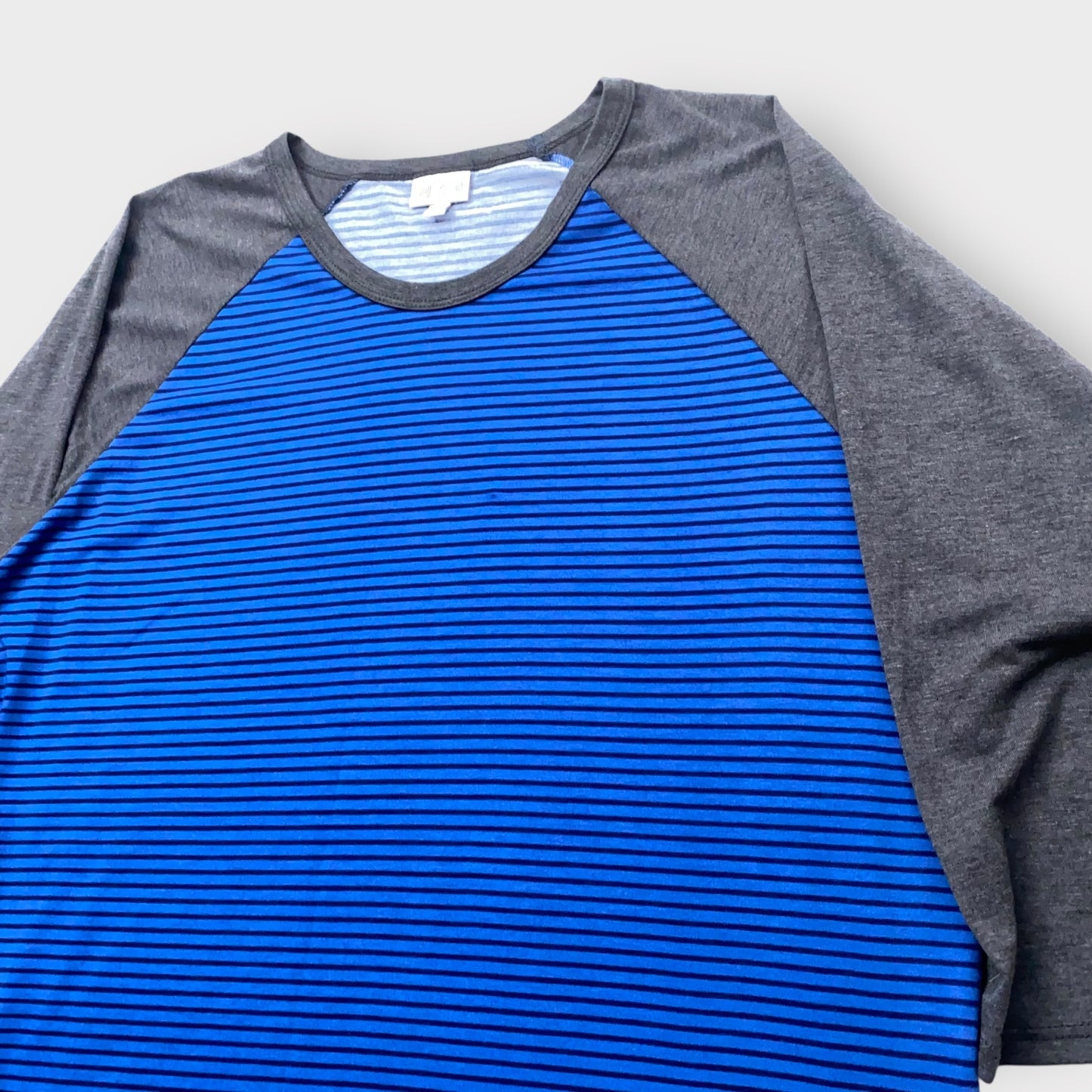 LuLaRoe Randy Baseball Tee 3XL (24-26) - Blue/Black Striped with Charcoal Sleeves - Soft Stretch Fabric