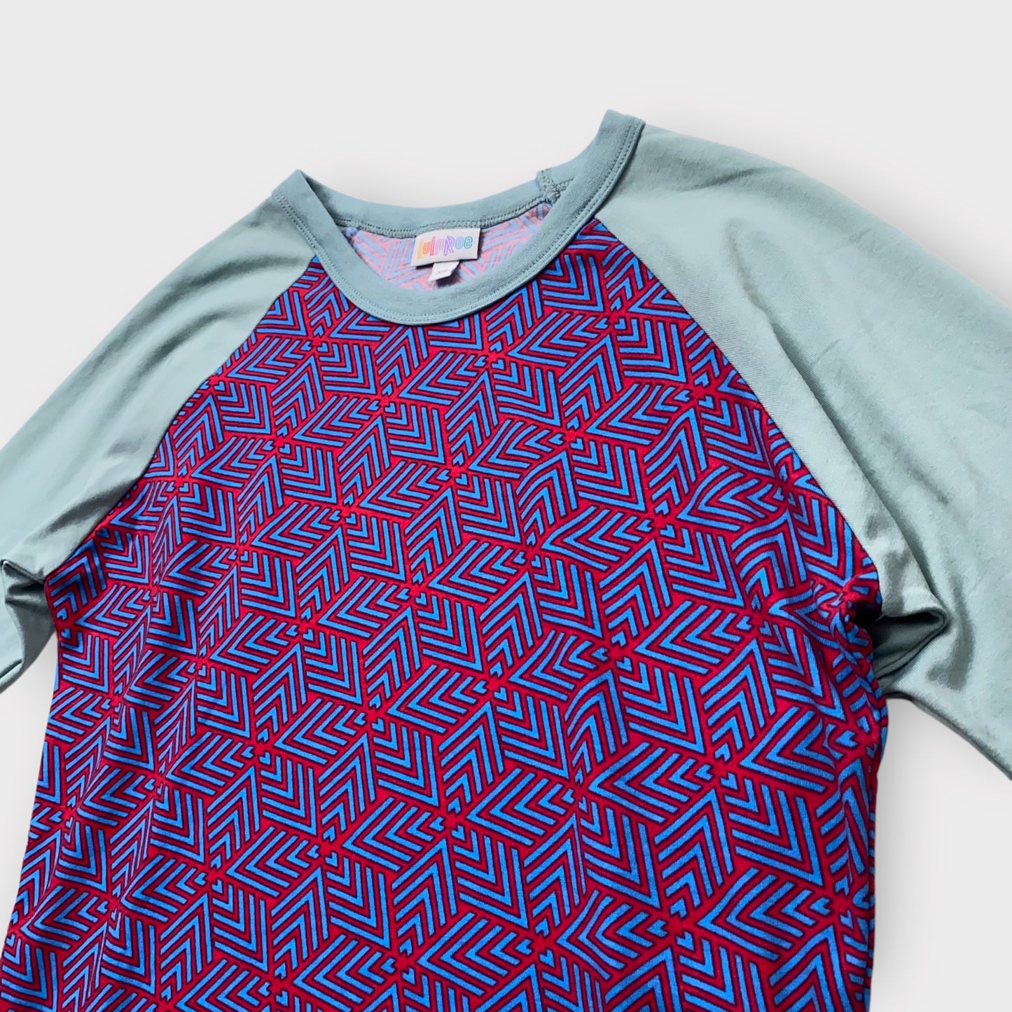 LuLaRoe Randy Tee XS (0-2) - Burgundy & Blue Geometric Print with Sage Green Raglan Sleeves - Soft Stretch Polyester Spandex