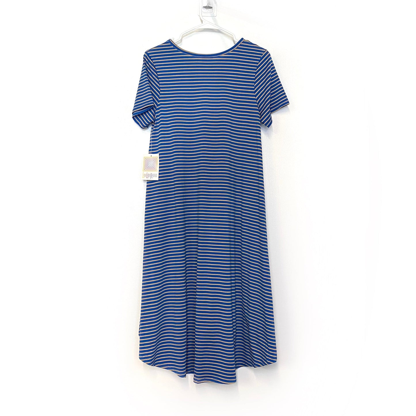 LuLaRoe Womens S Beige/Blue Striped 'Carly' S/s Swing Dress NWT