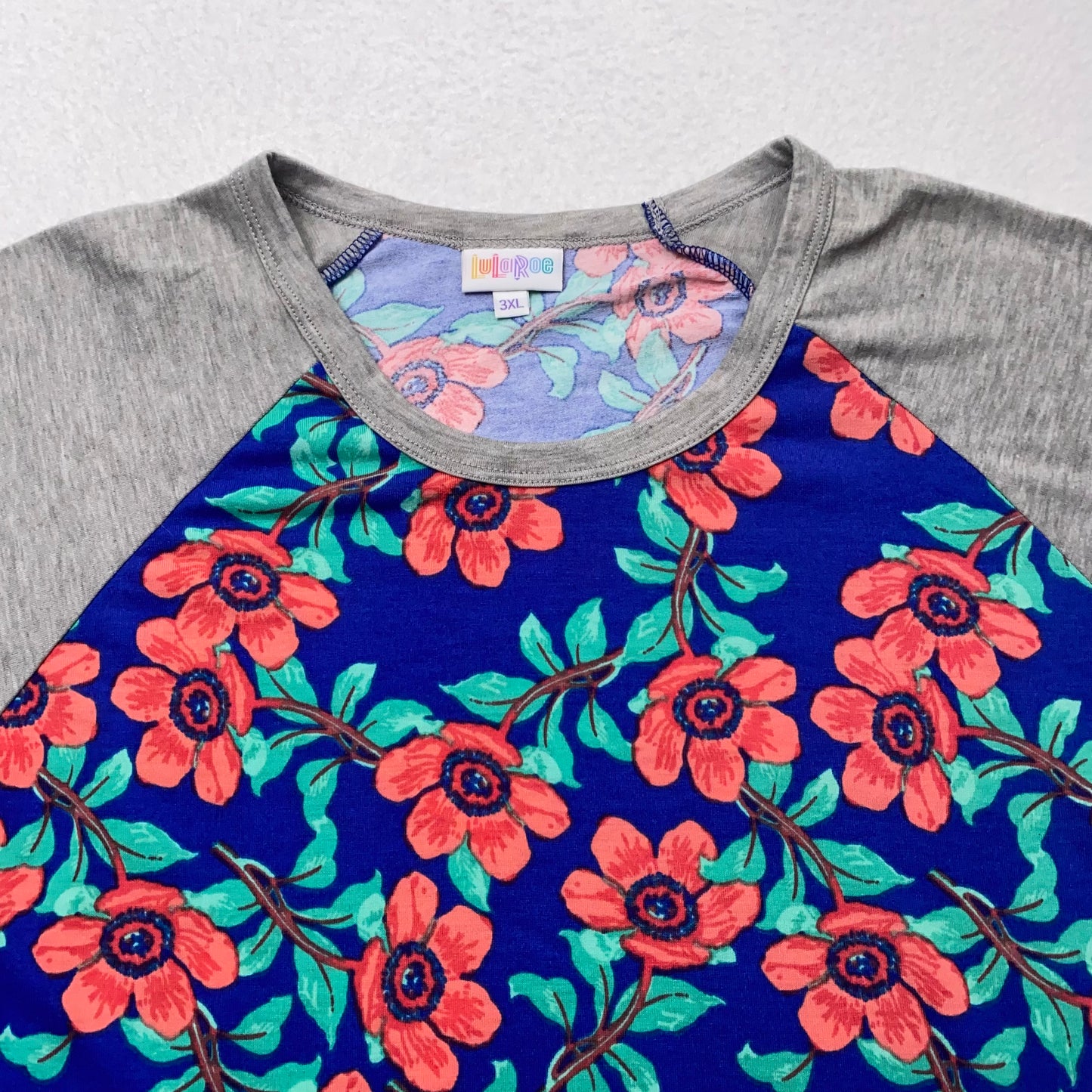 LuLaRoe Randy Baseball Tee 3XL (24-26) - Navy Blue with Coral Floral Print & Heather Gray Sleeves - Soft Stretch Fabric