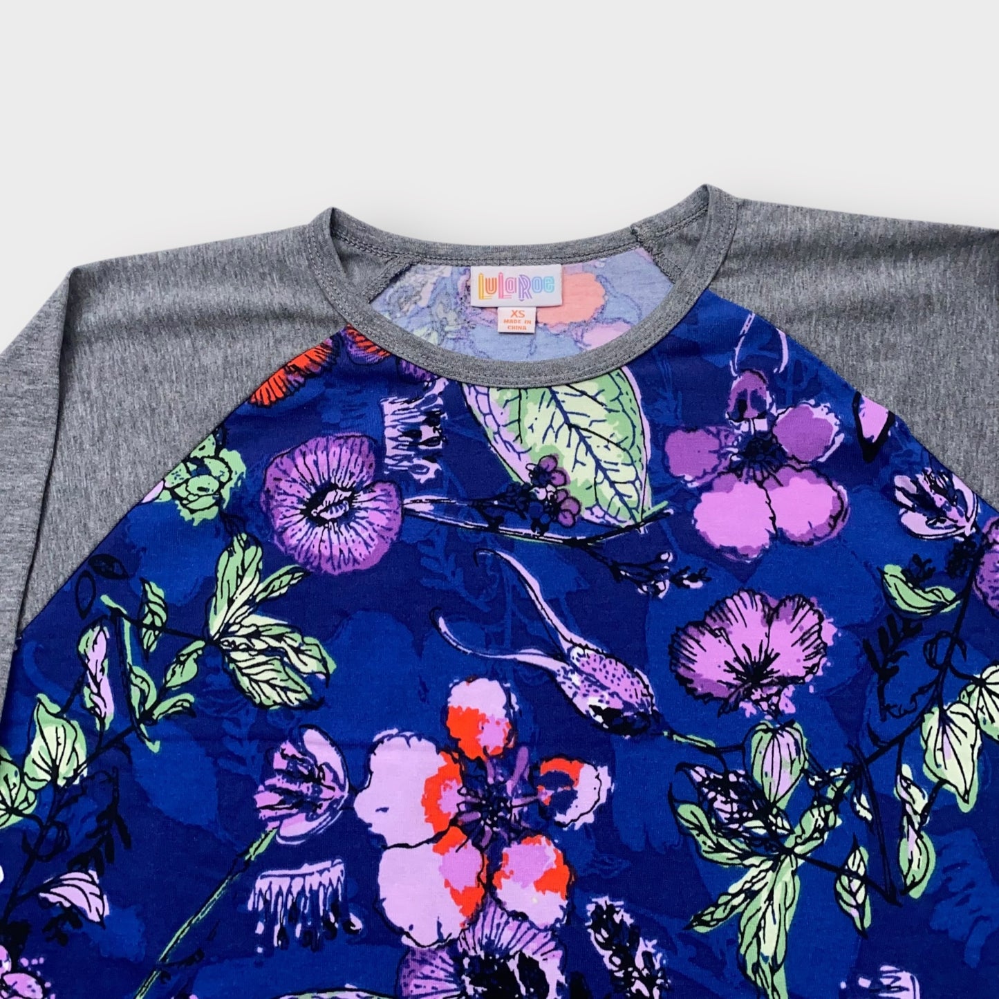 LuLaRoe Randy Raglan Baseball Tee XS (0-2) - Navy Blue/Purple Floral Print with Gray Sleeves - Soft Stretch Fabric