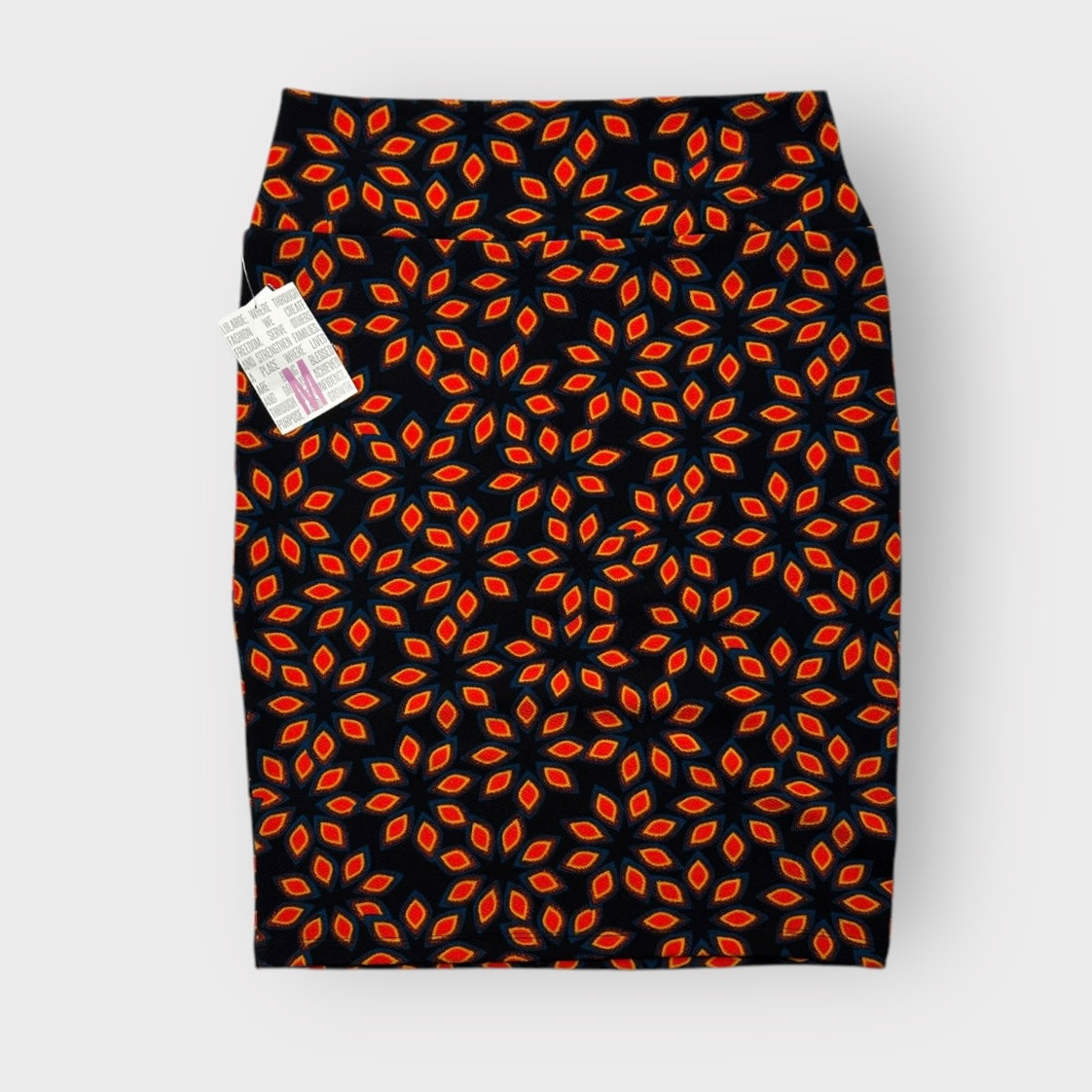 LuLaRoe Cassie Pencil Skirt - Black & Orange Geometric Floral - Women's M (8-12) - NWT