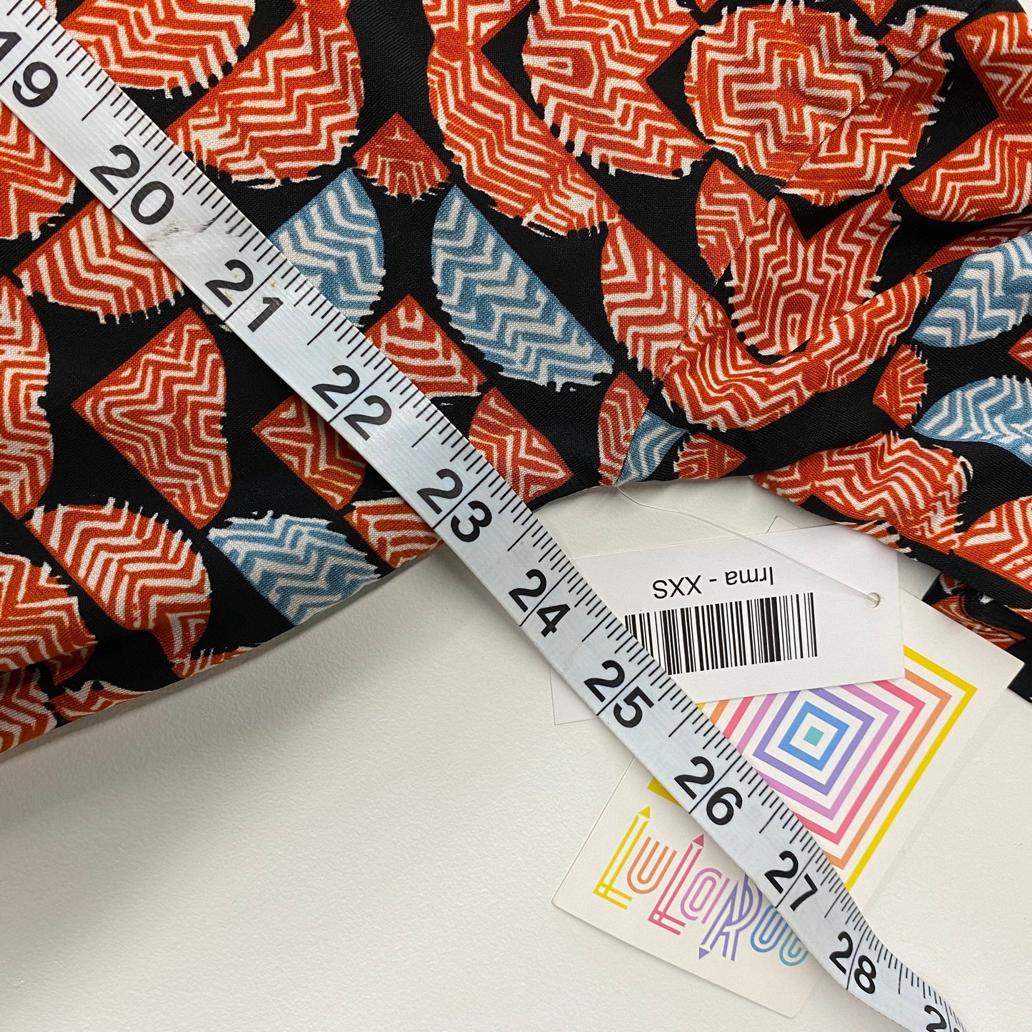 LuLaRoe Womens Size XXS Orange/Blue/Black Geometric/Circles IRMA S/s Top NWT