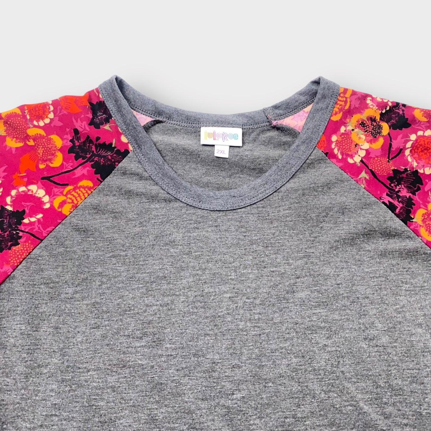 LuLaRoe Randy Raglan T-Shirt 2XL (20-22) - Charcoal Gray with Red/Yellow Floral Sleeves - Soft Stretch Fabric