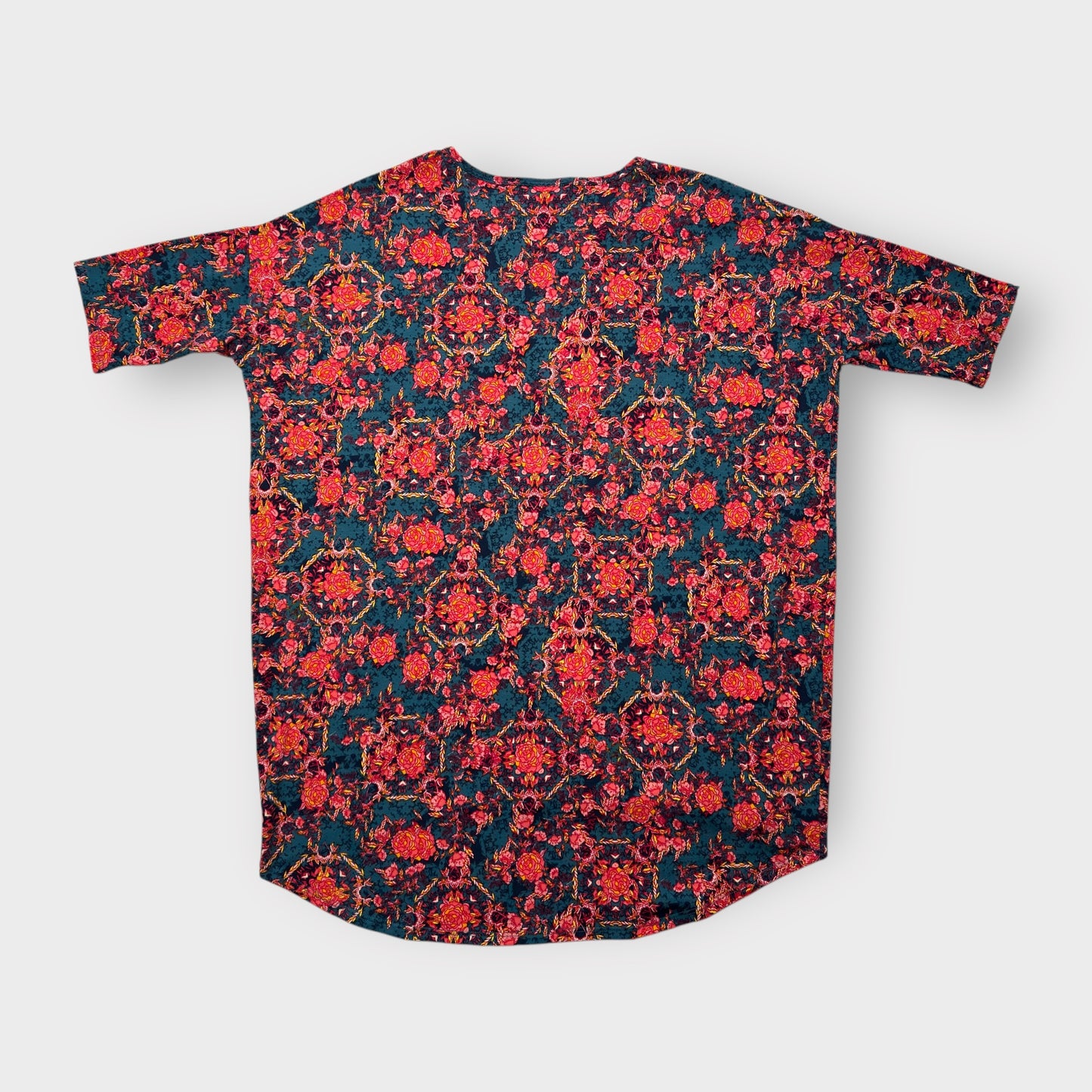 LuLaRoe Irma Tunic Top - Floral Medallion Print - Women's L (12-14) - High-Low Hem - Teal/Red