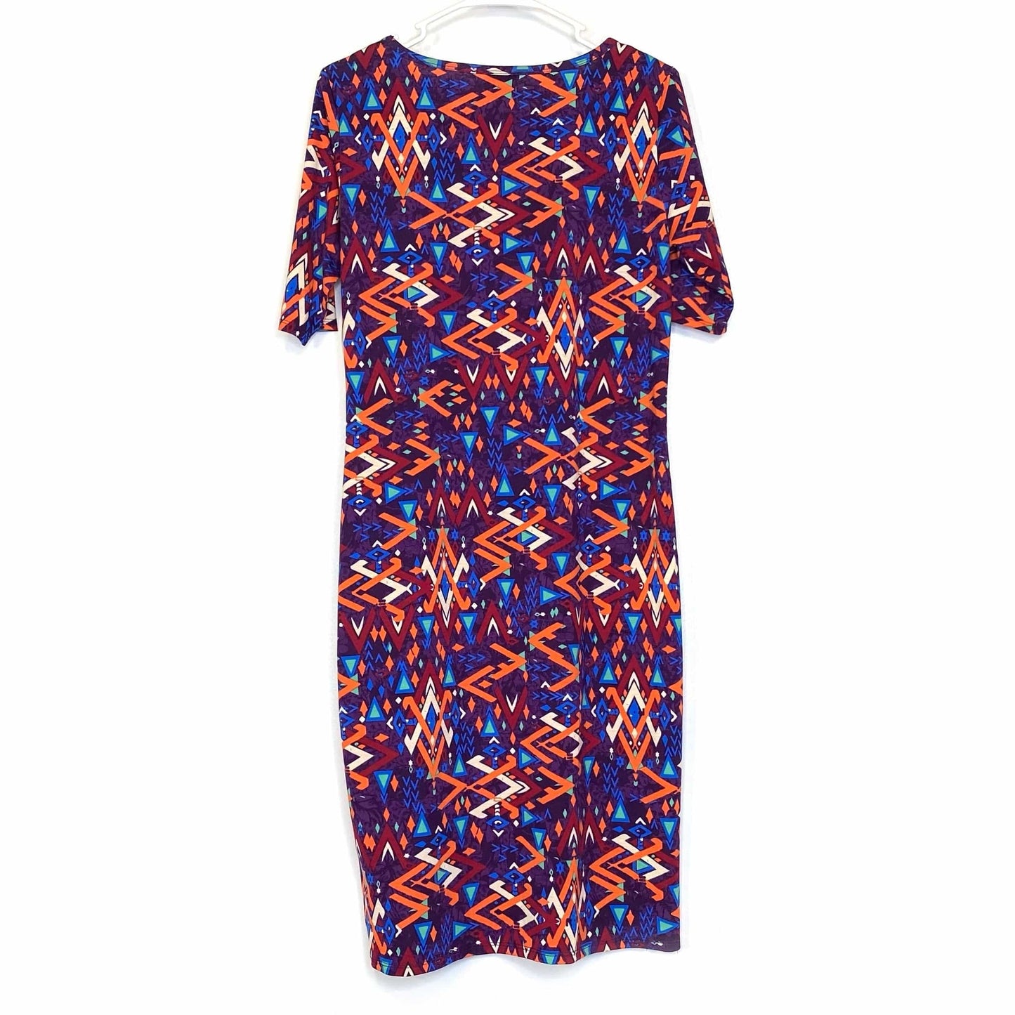 LuLaRoe Julia Bodycon Dress | L (12-14) | Purple/Orange/Red | Geometric | NWT