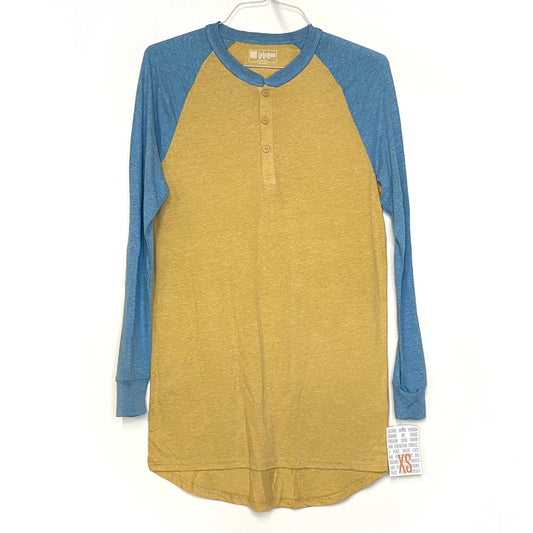 LuLaRoe Unisex Size XS Heather Wheat Yellow/Blue Mark Colorblock Henley Shirt L/s NWT