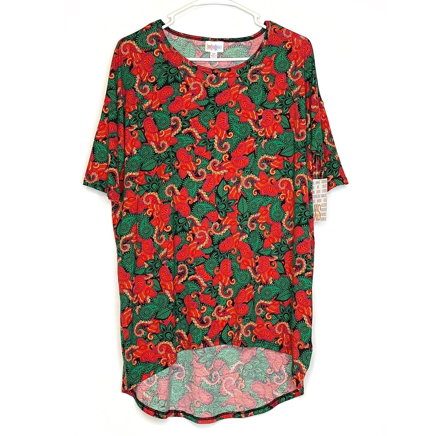 LuLaRoe Womens XS Irma Red/Green/Black Paisley/Floral S/s Tunic Top NWT
