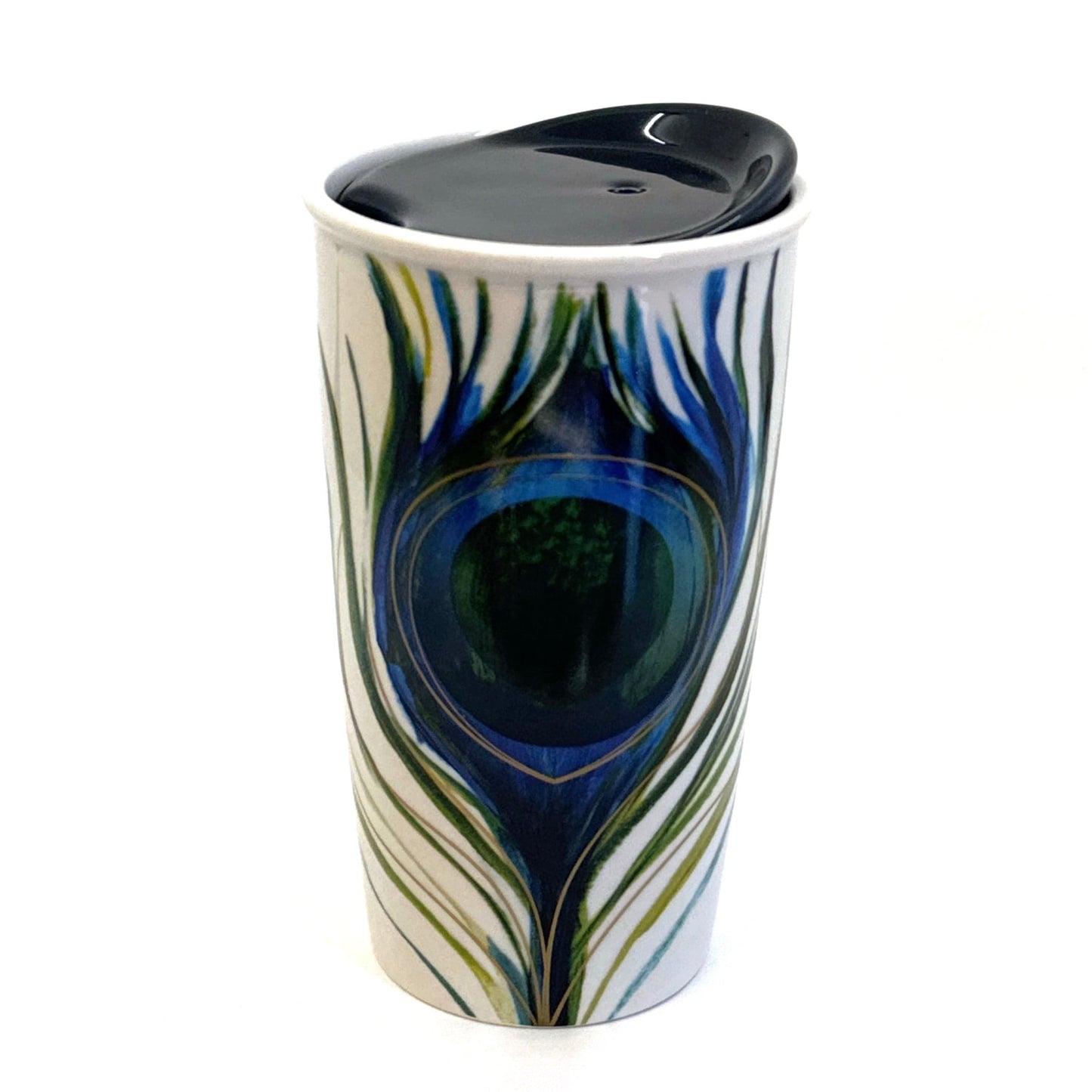 Starbucks | 2015 Ceramic Peacock Feather Mug w/Lid | Color: White/Blue | Size: 12 fl oz | RARE