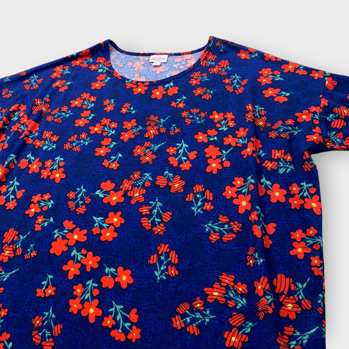 LuLaRoe Irma Tunic Top - Bright Floral Print - Women's XL (16-18) - High-Low Hem - Navy/Red/Orange