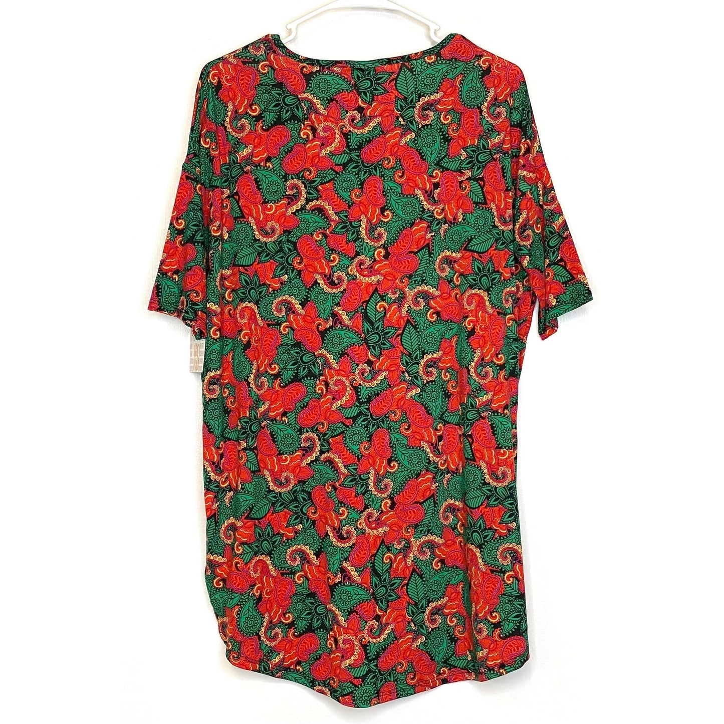 LuLaRoe Womens XS Irma Red/Green/Black Paisley/Floral S/s Tunic Top NWT