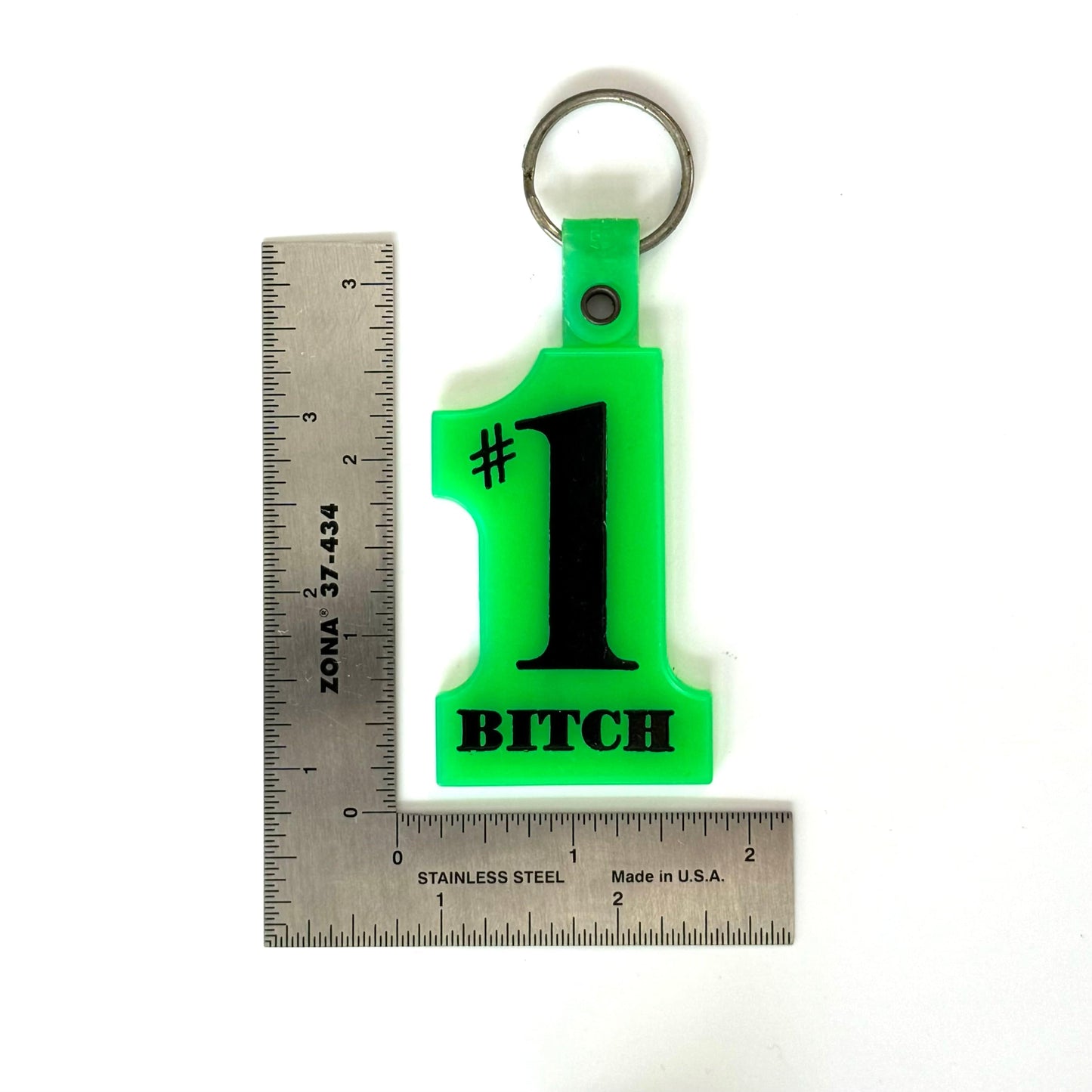 Novelty ‘#1 Bitch’ Green #1 Plastic Keychain Key Ring, Used