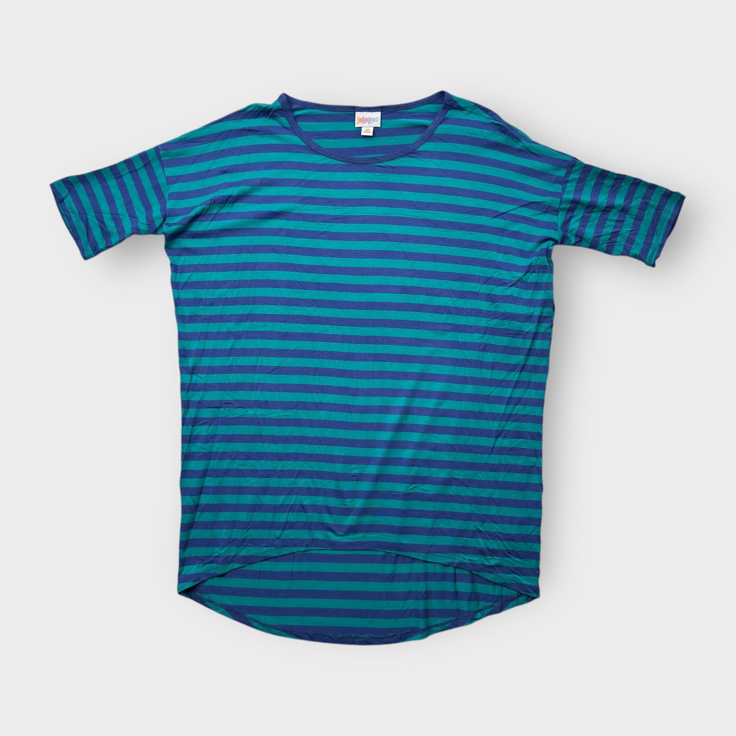 LuLaRoe Irma Tunic Top - Blue and Teal Striped - XS (0-2) - Soft Stretch Rayon Spandex - High-Low Hem