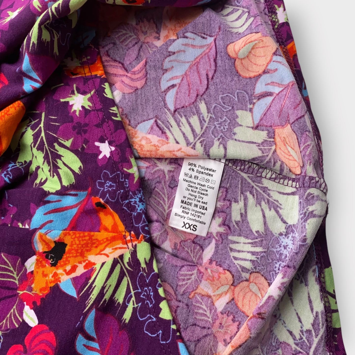 LuLaRoe Irma Tunic Top - Purple with Tropical Leaves & Orange Cardinal Bird Print - XXS (00) - Soft Stretch Polyester Spandex - High-Low Hem