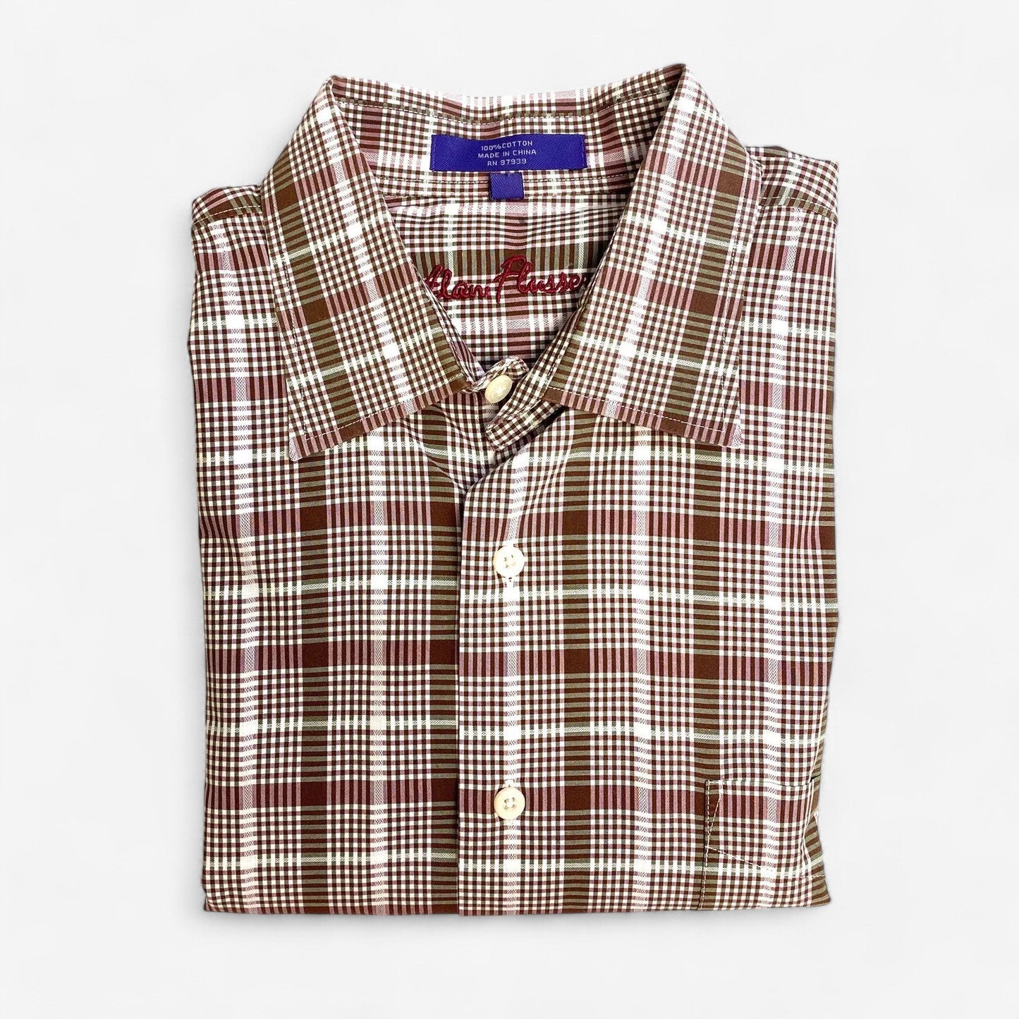 Alan Flusser Men's Brown & White Plaid Dress Shirt - Size XL - Long Sleeve Button-Up