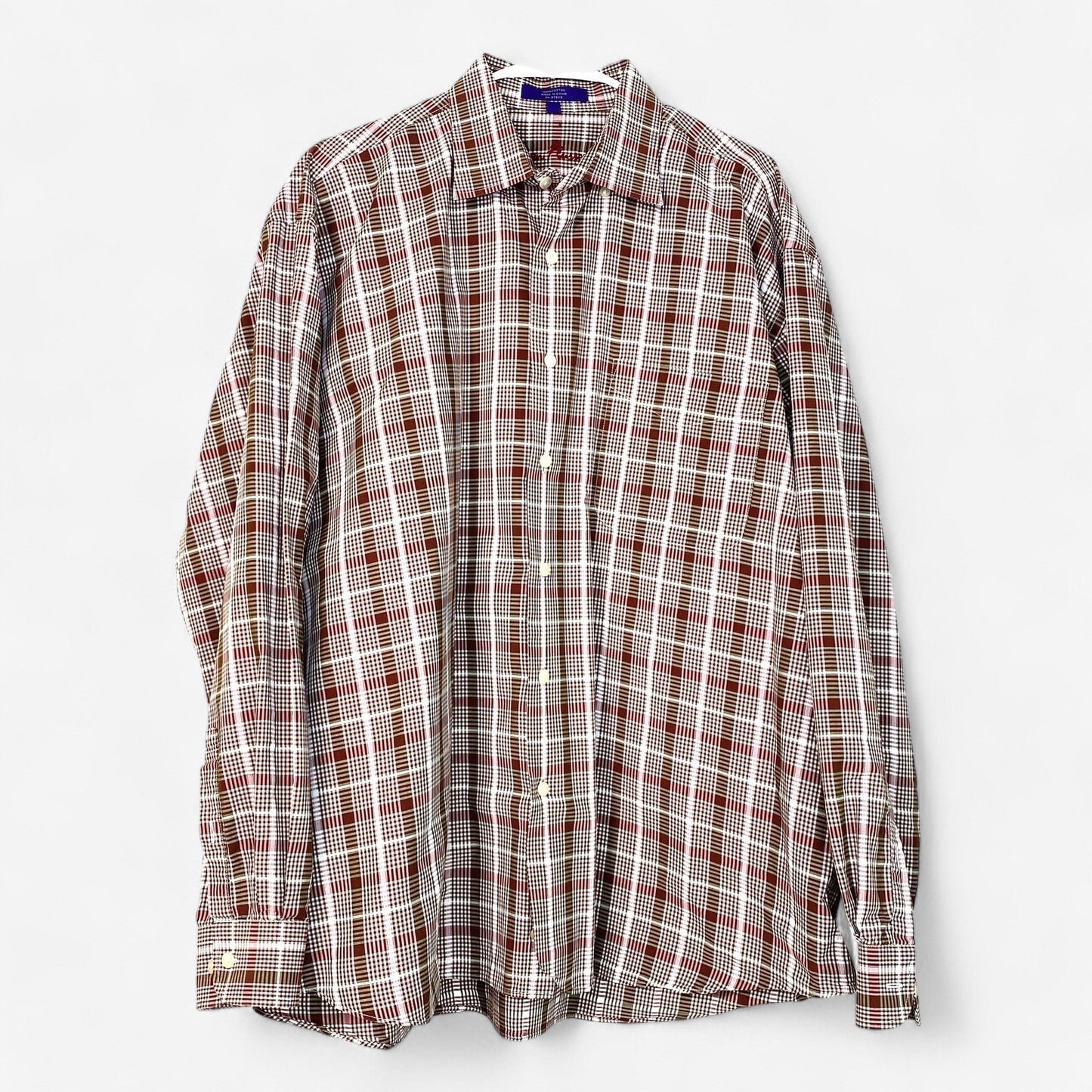 Alan Flusser Men's Brown & White Plaid Dress Shirt - Size XL - Long Sleeve Button-Up