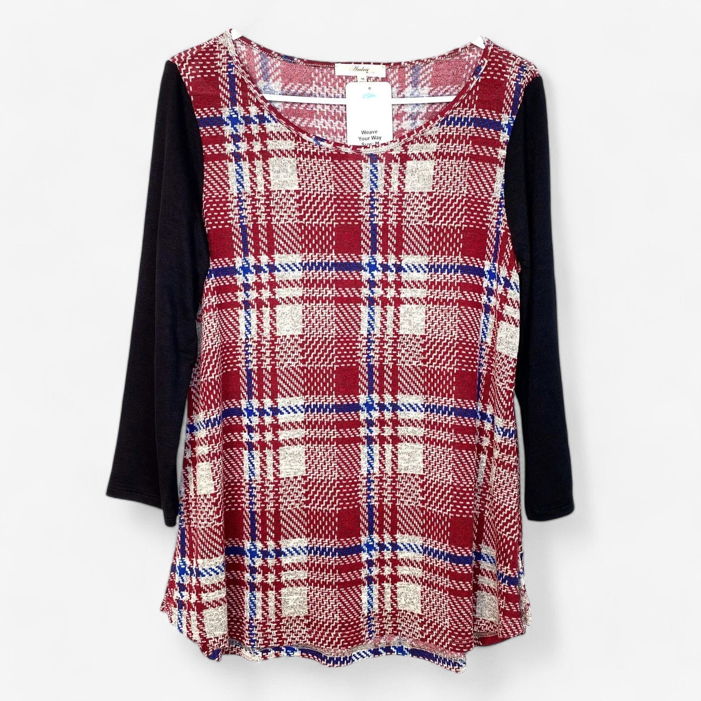Andrée by Unit Women's Top - Black Raglan Sleeves with Red Houndstooth Pattern - Size M - Pre-Owned