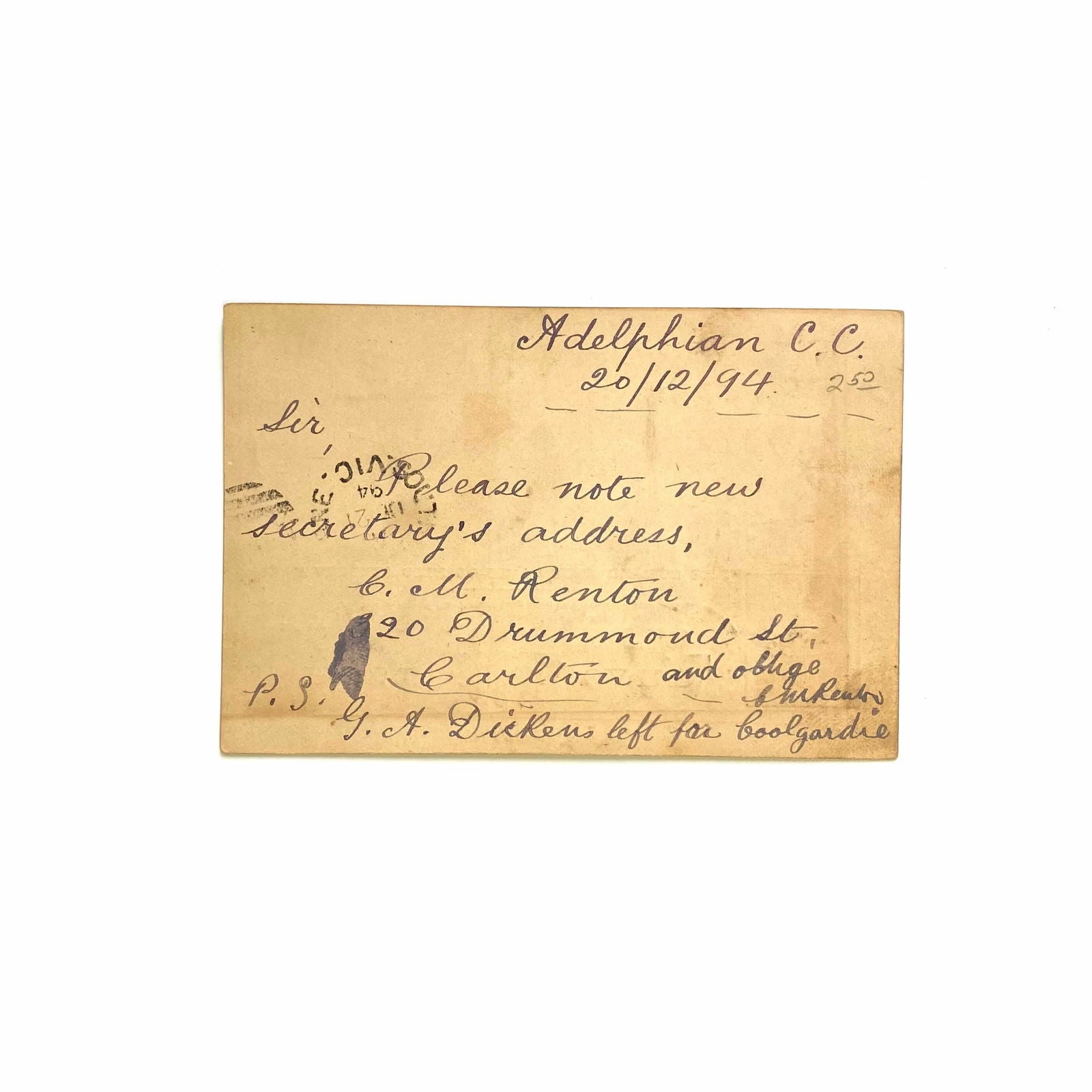 Antique Post Card - Melbourne Australia, Dec 1894 - One Penny -  | Buy at Parsimony Shoppes