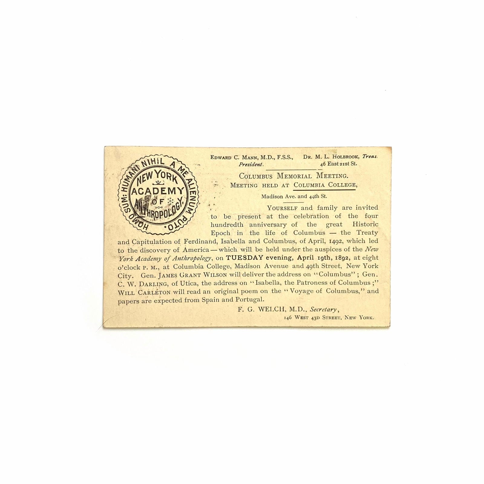 Antique Postal Card - New York Academy of Anthropology Invitation, 1892 -  | Buy at Parsimony Shoppes