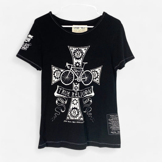 Après Vélo Women's Black V-Neck T-Shirt - 'Sisters of Spin' Graphic - Size L - Pre-Owned