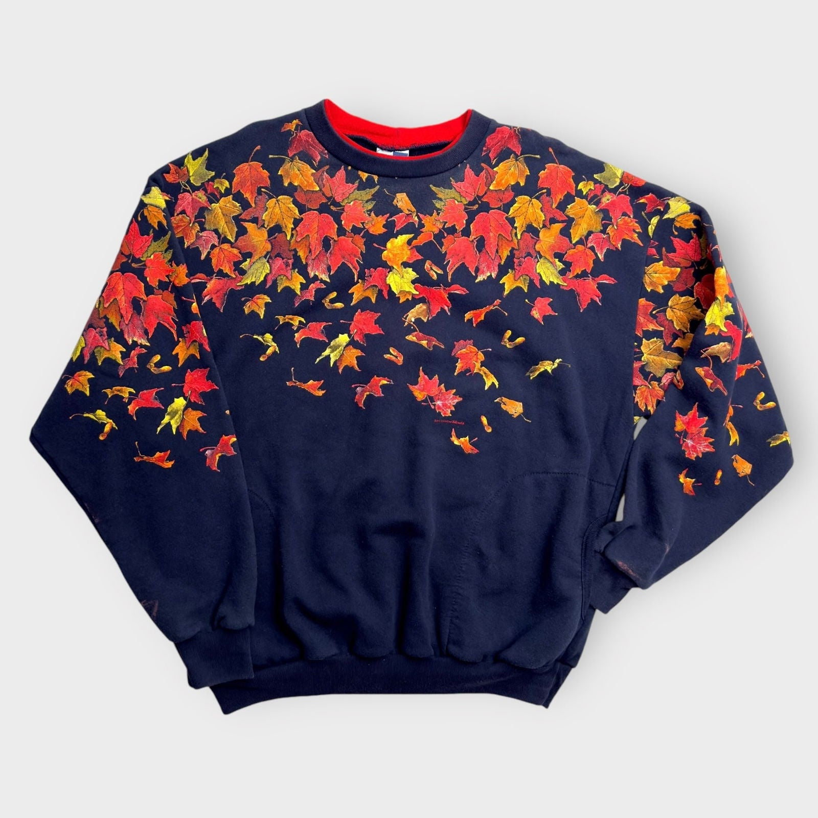Art Unlimited Womens Crewneck Sweatshirt | XL | Navy Blue with Autumn Leaves | Pockets | Made in USA | Vintage -  | Buy at Parsimony Shoppes