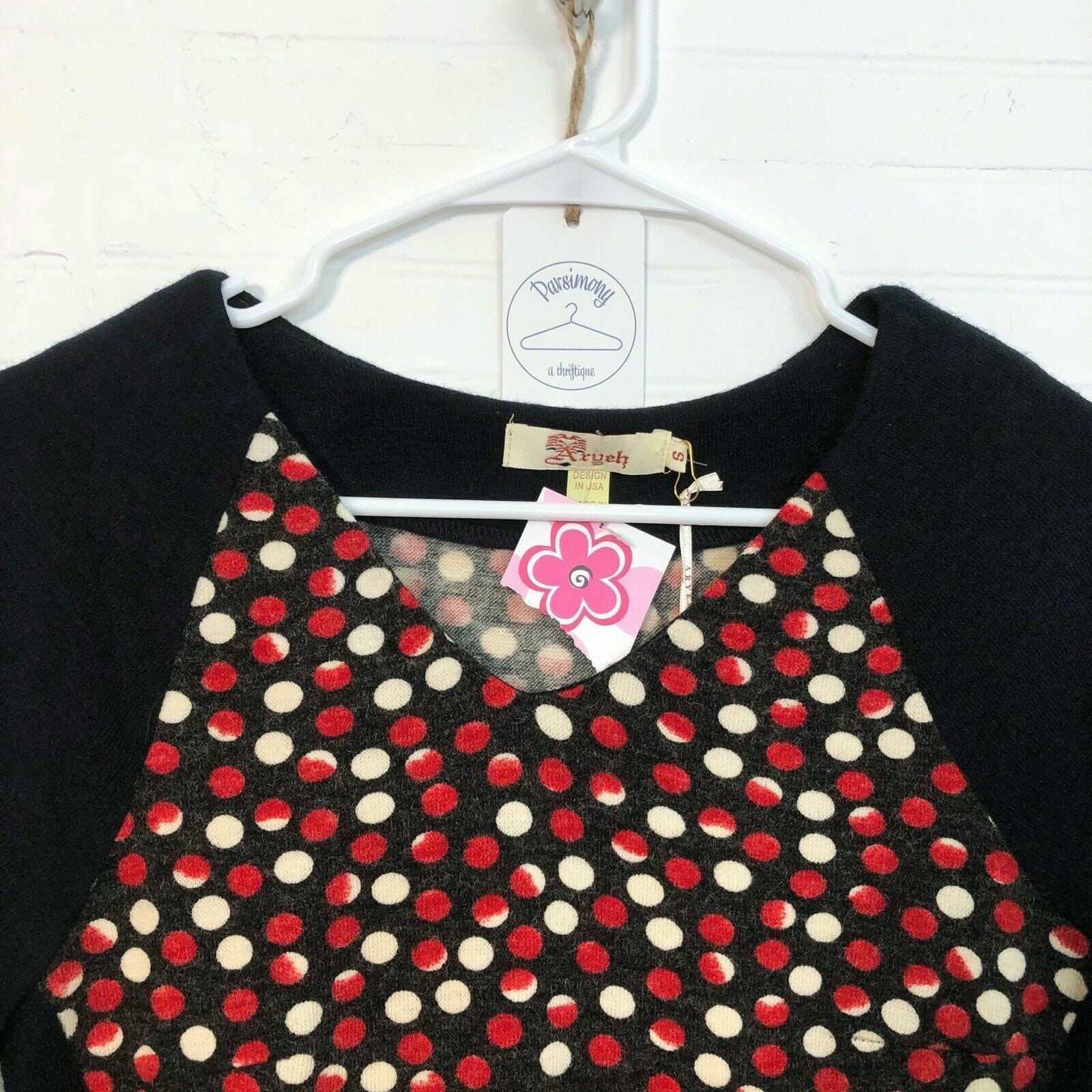 Aryeh Womens Size S Sweater Dress Black Raglan Sleeves Red White Dot Pattern -  | Buy at Parsimony Shoppes